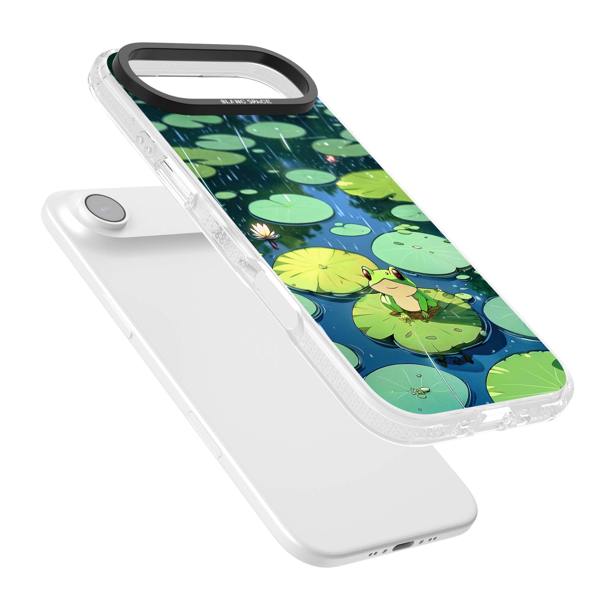 Frog In Lily Pond cottagecore iPhone case featuring a cute green frog on a lily pad with falling rain and a lotus flower | Clear Case Impact Air case for iPhone Air