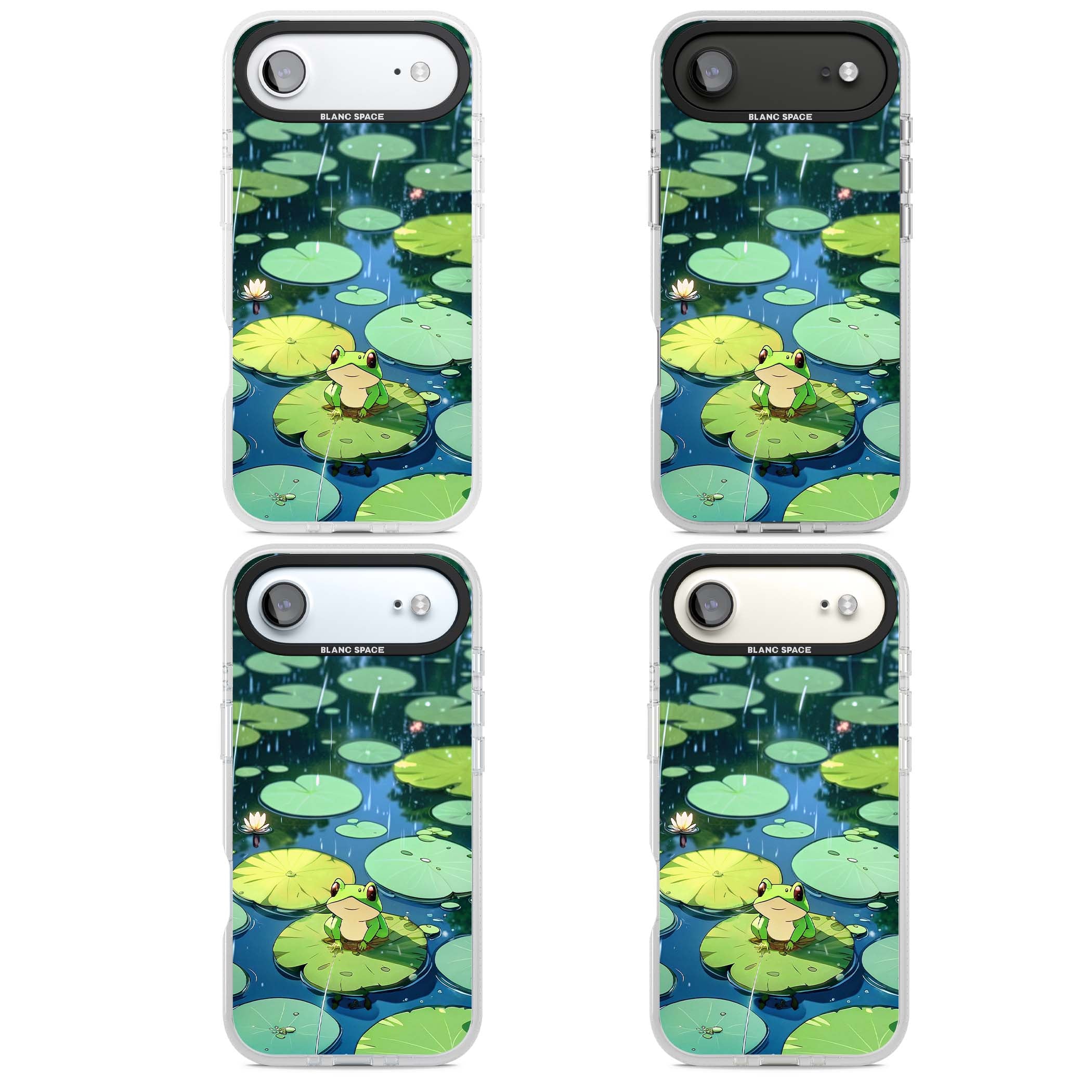 Frog In Lily Pond cottagecore iPhone case featuring a cute green frog on a lily pad with falling rain and a lotus flower | Clear Case Impact Air case for iPhone Air