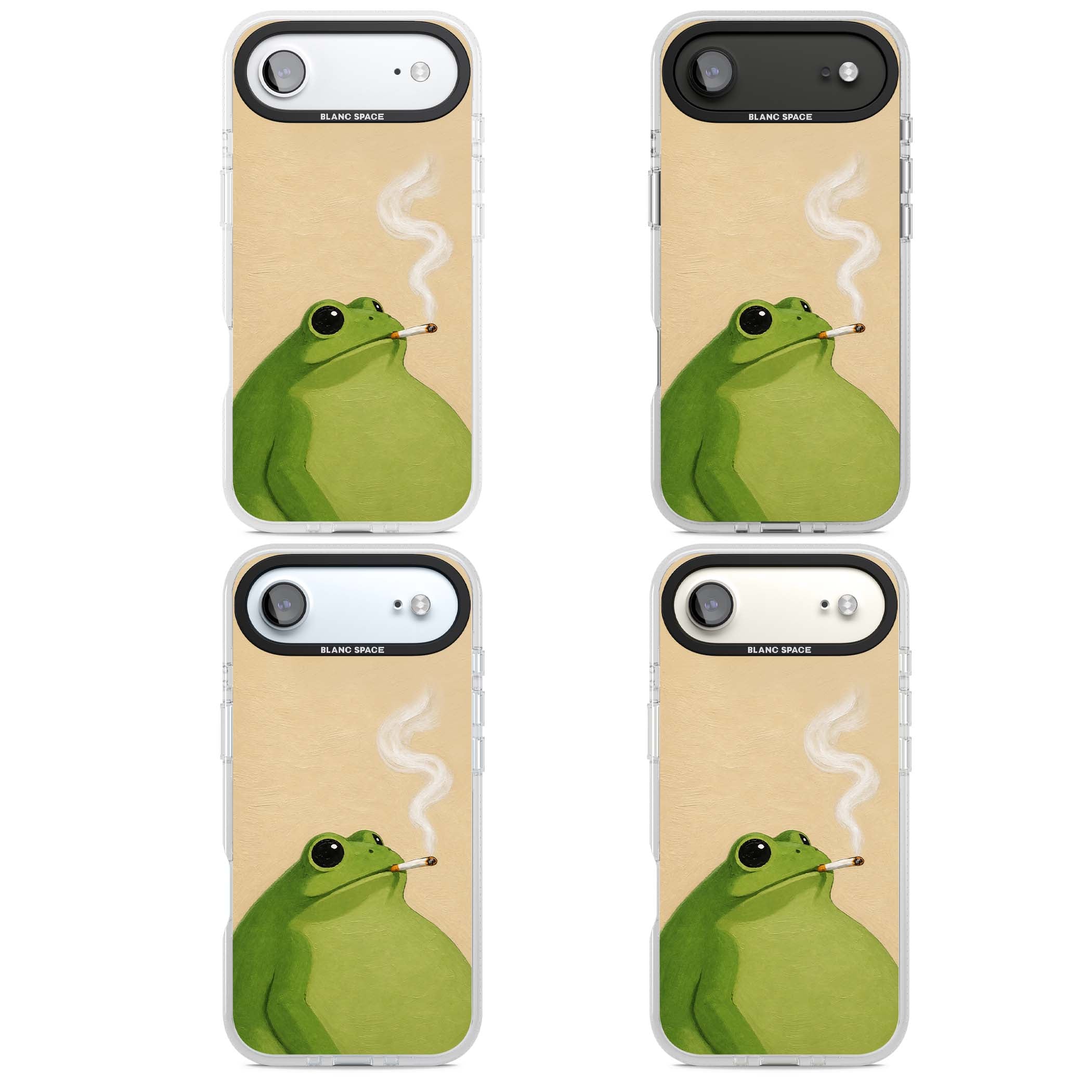 The Smoking Frog cottagecore iPhone case featuring a hand-painted green frog smoking a cigarette on a cream oil painting back | Clear Case Impact Air case for iPhone Air