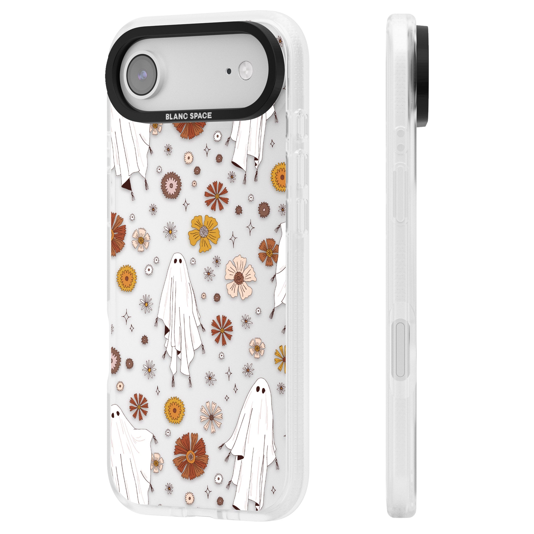 Halloween Ghosts And Flowers iPhone 17 Air Impact Air Clear Phone Case Side Profile