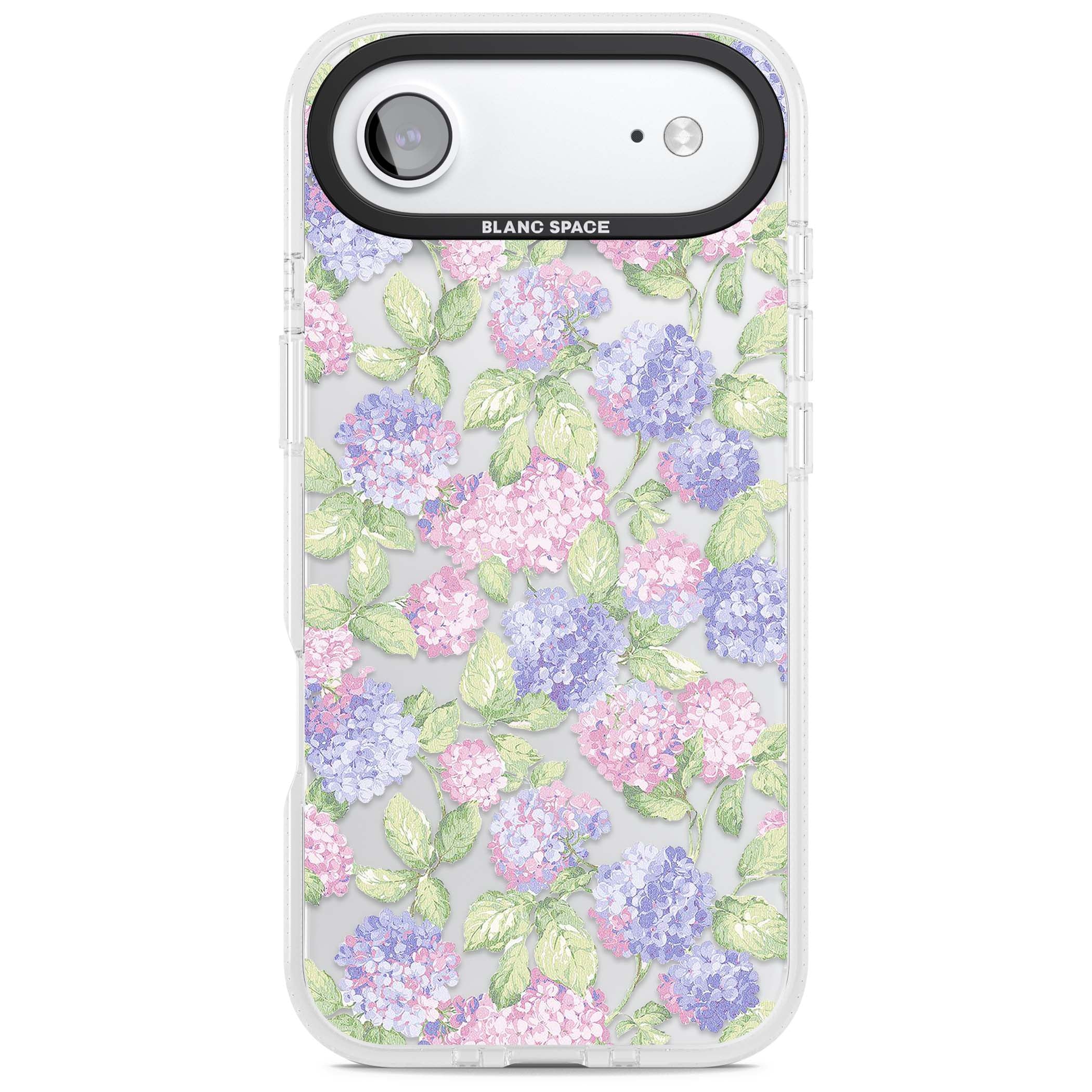 Cottage Hydrangea cottagecore iPhone case featuring pink and purple hydrangea blooms with green leaves on a clear background | Clear Case Impact Air case for iPhone Air