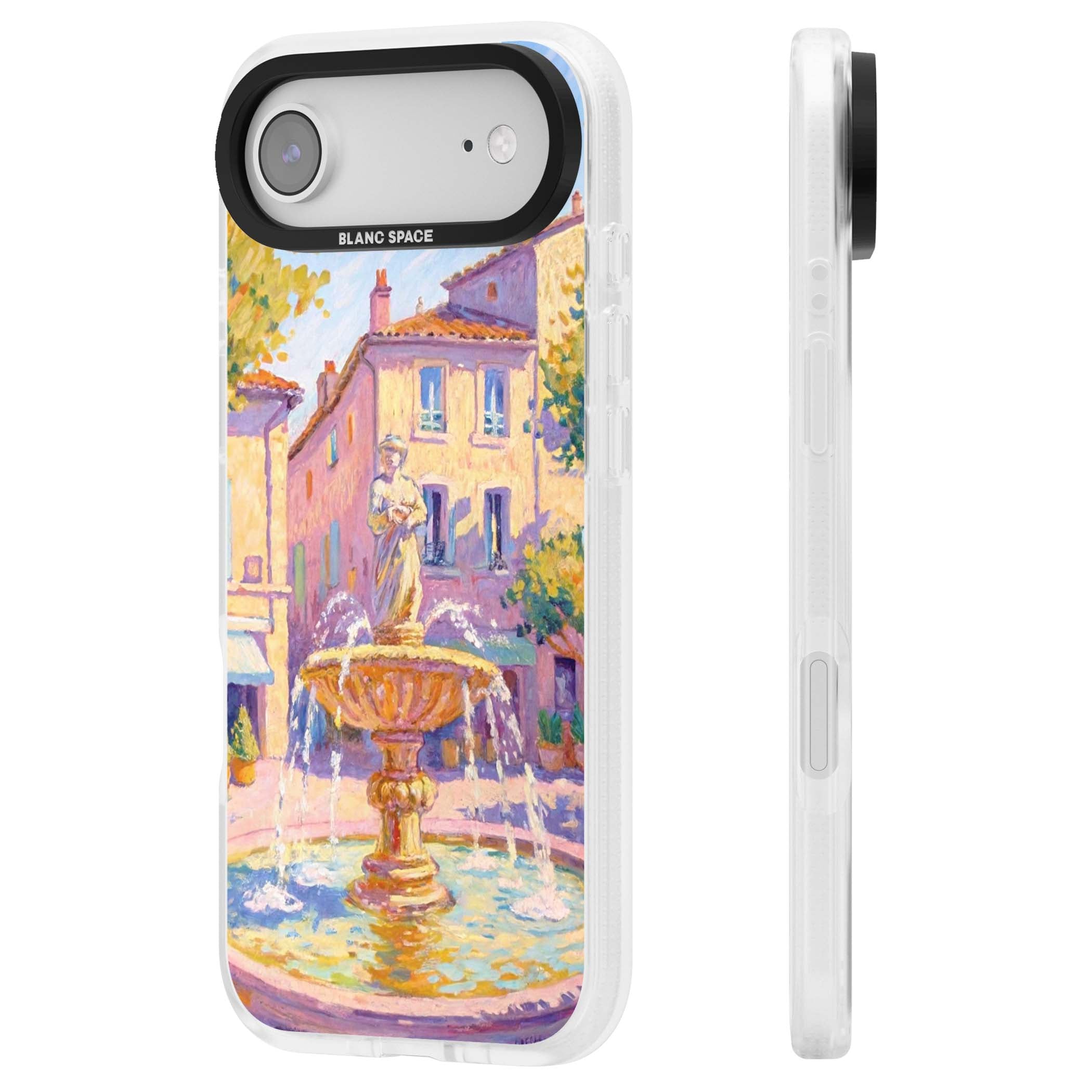 Fountain Square fine art iPhone case featuring an impressionist Provençal fountain, pastel village buildings and summe | Clear Case Impact Air case for iPhone Air
