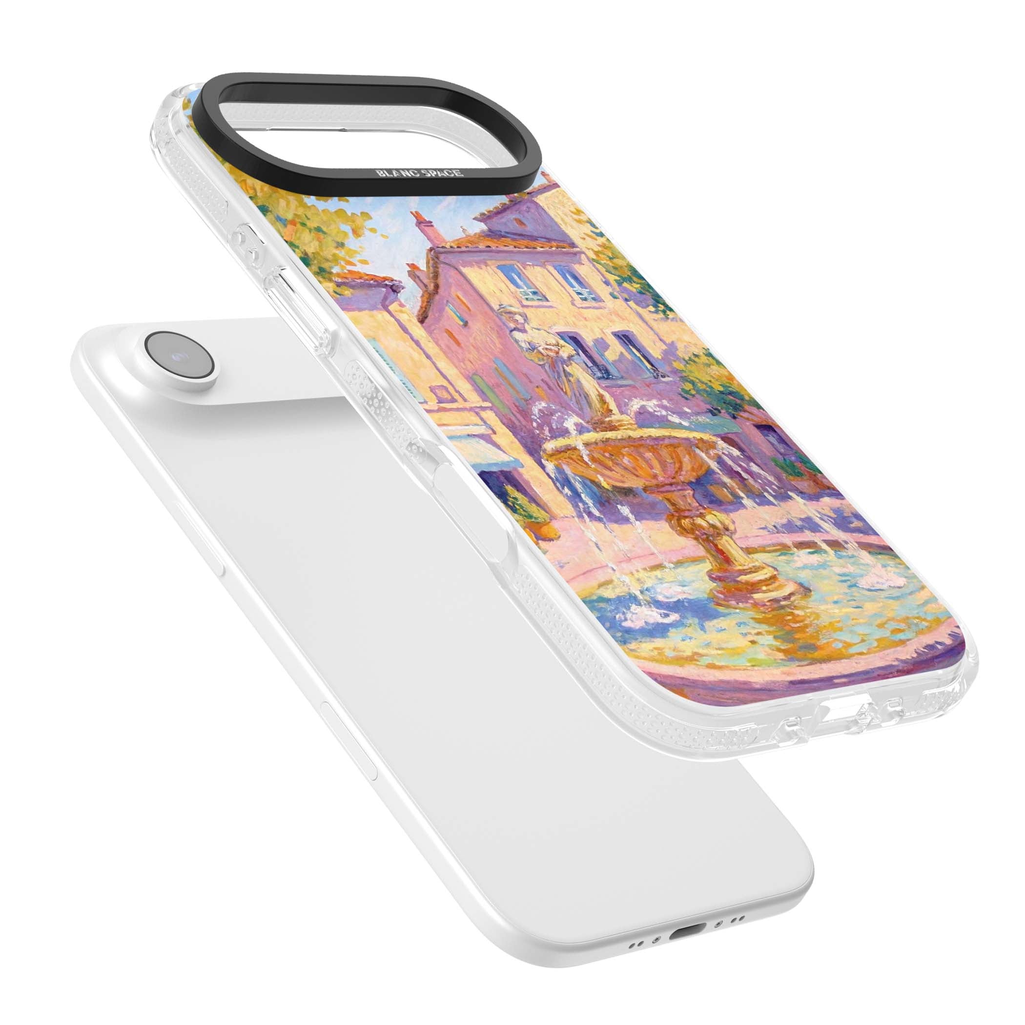 Fountain Square fine art iPhone case featuring an impressionist Provençal fountain, pastel village buildings and summe | Clear Case Impact Air case for iPhone Air