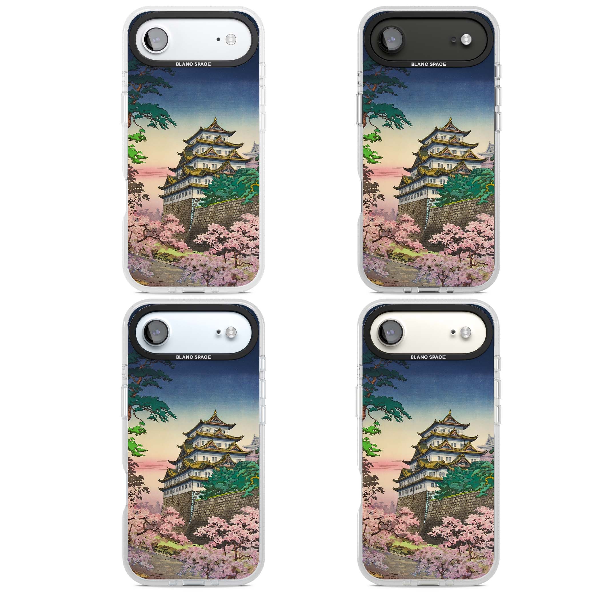 Nagoya Castle Japanese iPhone case featuring a vintage pagoda, twilight sky and cherry blossom trees | Clear Case Impact Air case for iPhone Air