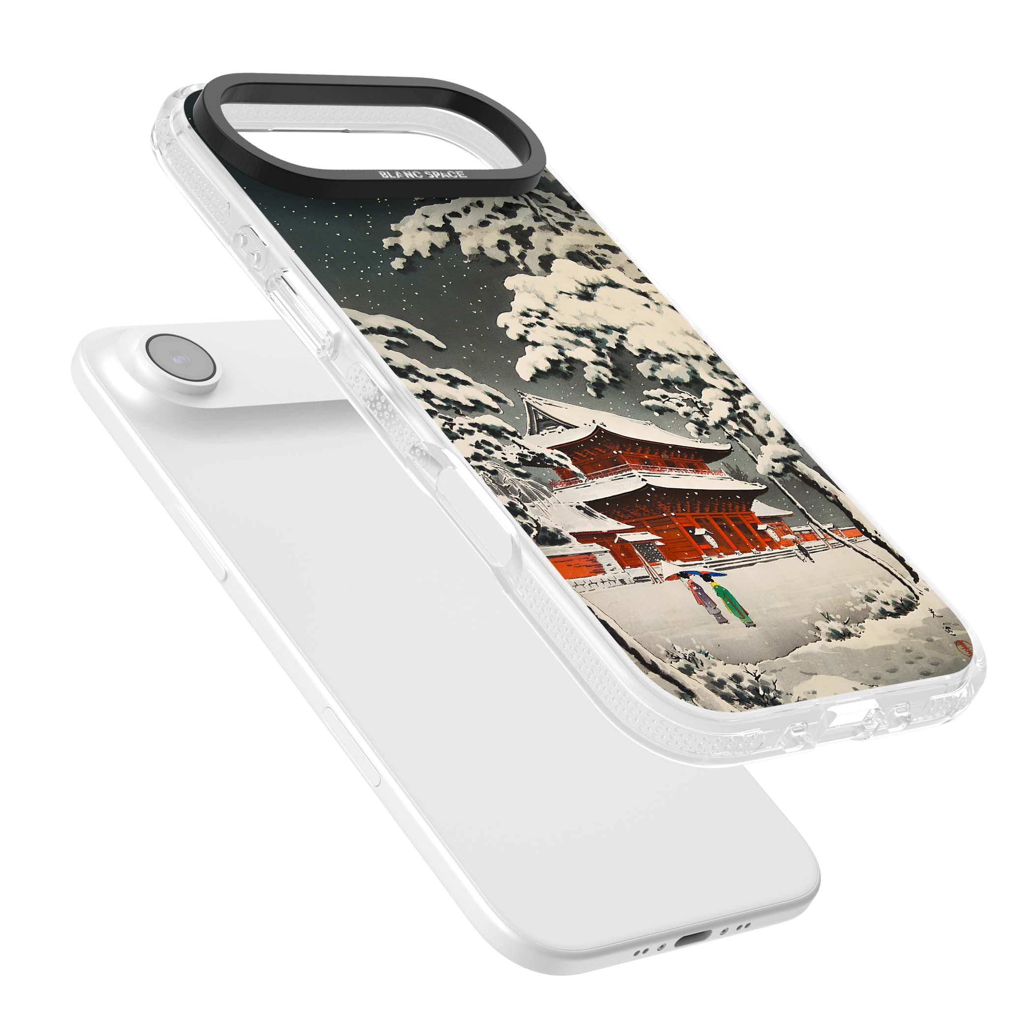 Snow at Shiha Park, Tokyo Japanese art iPhone case featuring a vintage ukiyo-e snowy temple, red pagoda, and snow-covered pin | Clear Case Impact Air case for iPhone Air