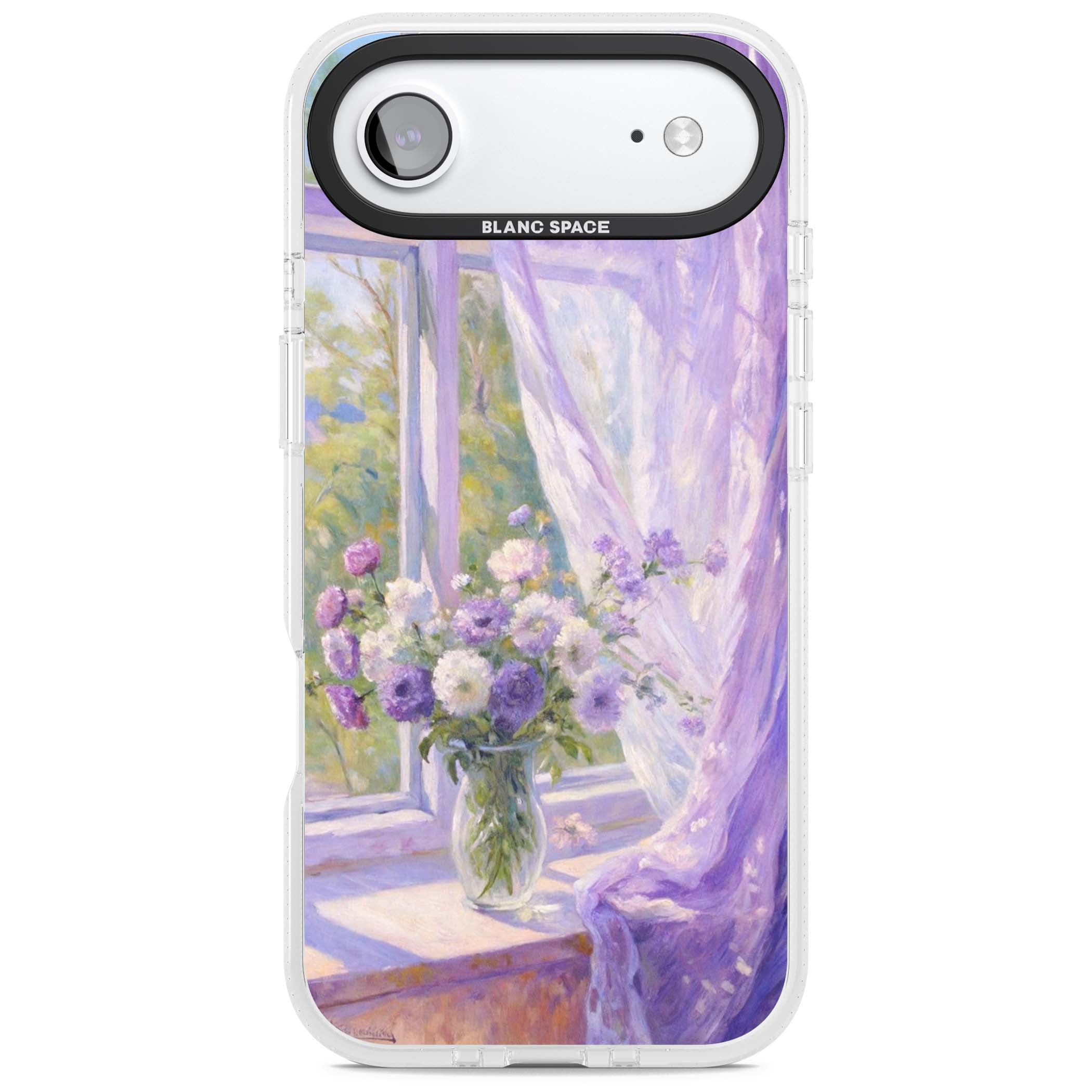 A Provence Morning impressionist art iPhone case featuring a vase of purple flowers, sunlit window and sheer curt | Clear Case Impact Air case for iPhone Air