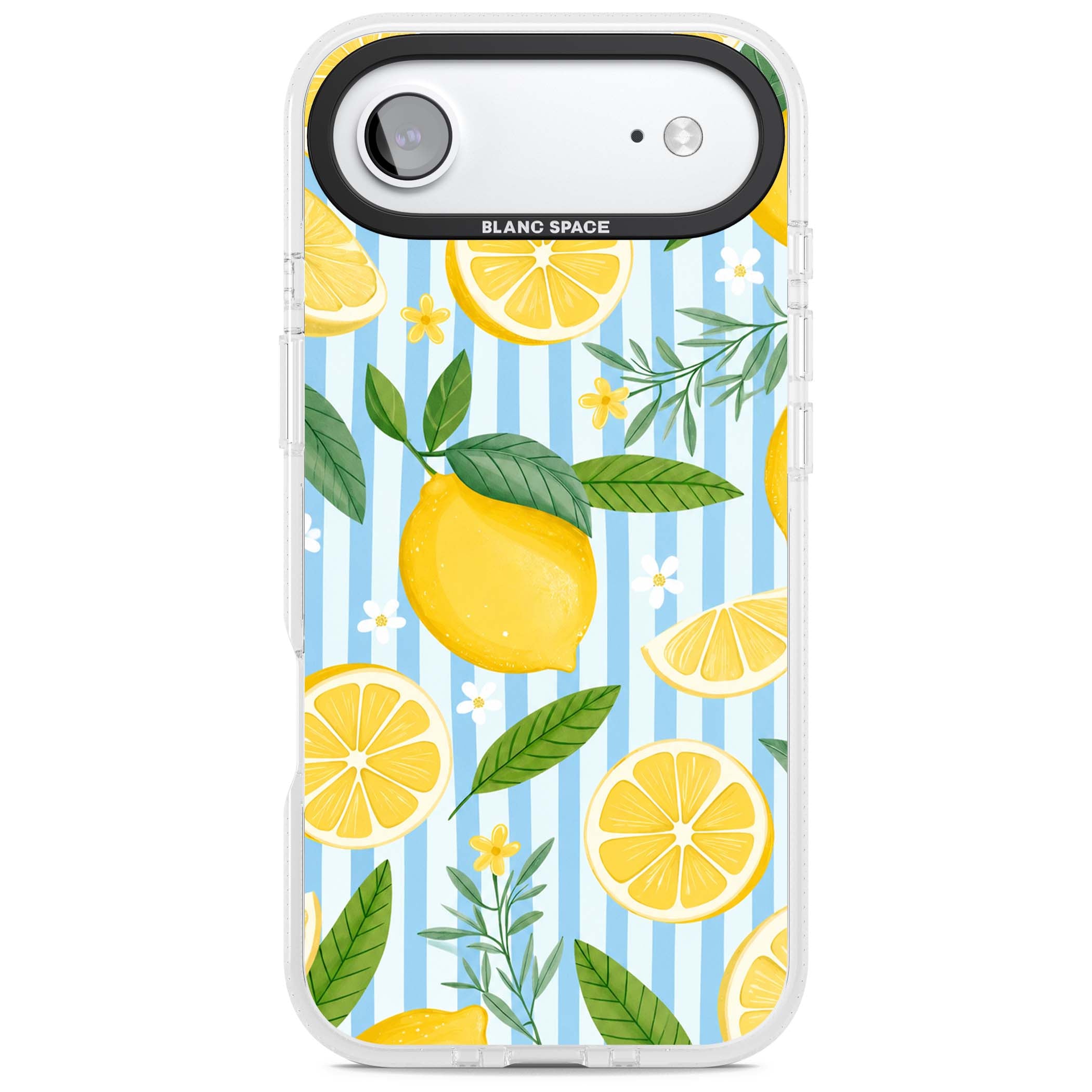 Capri Citrus Stripe coastal iPhone case featuring yellow lemons, blue stripes, and white daisy blossoms | Clear Case Impact Air case for iPhone Air