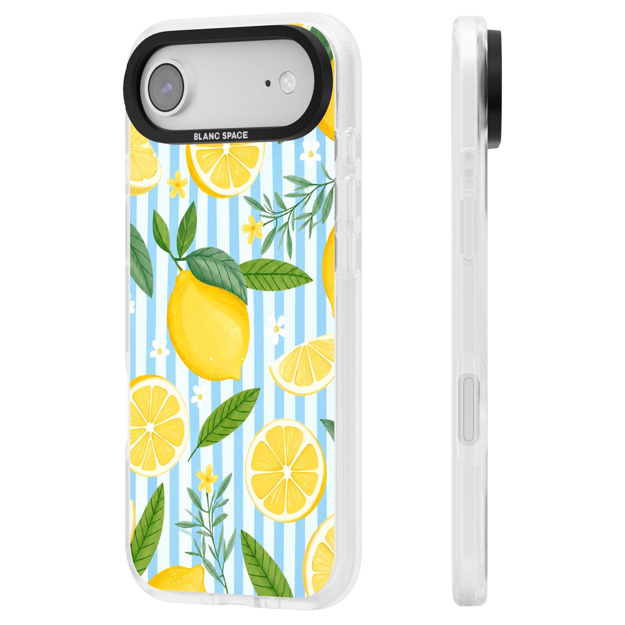 Capri Citrus Stripe coastal iPhone case featuring yellow lemons, blue stripes, and white daisy blossoms | Clear Case Impact Air case for iPhone Air