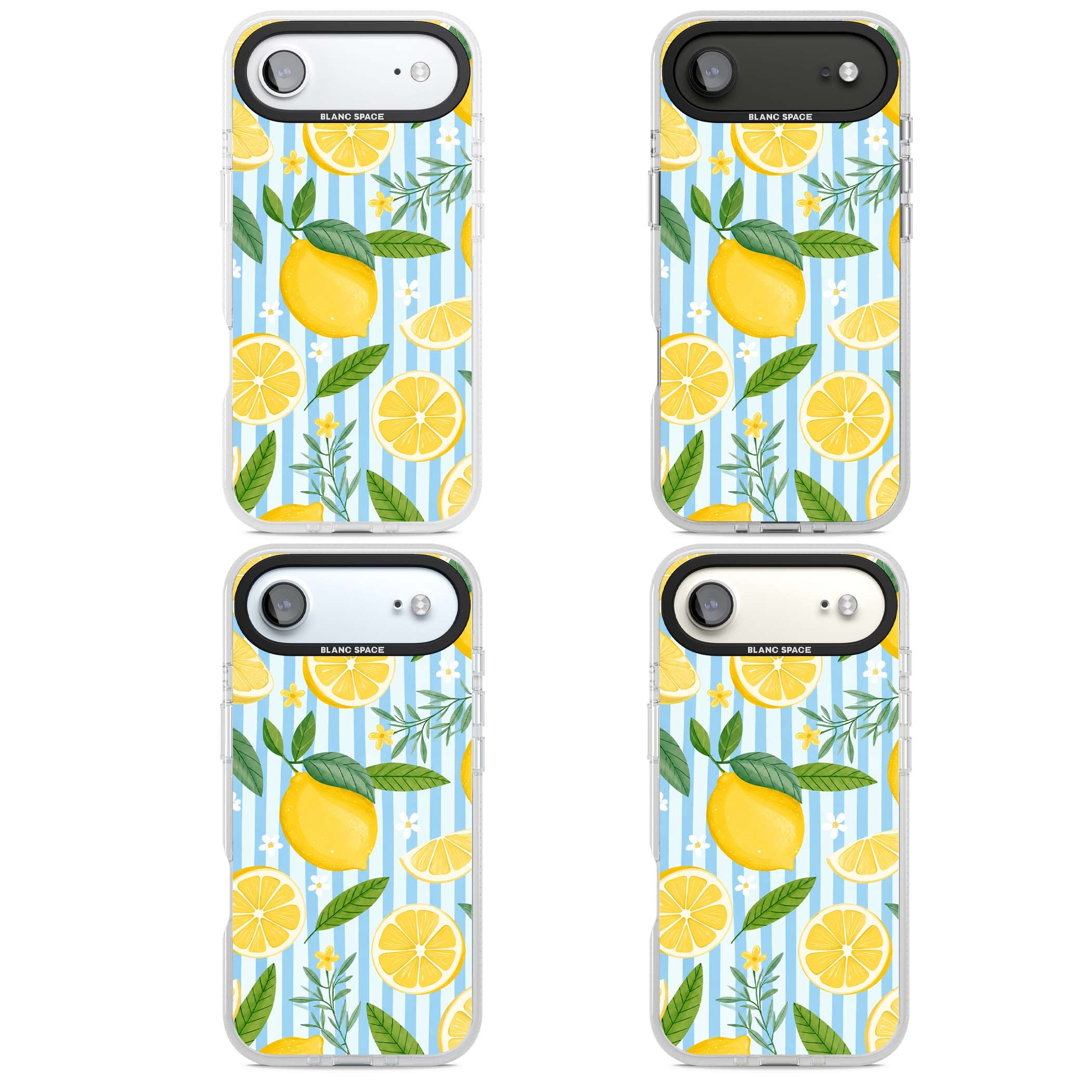 Capri Citrus Stripe coastal iPhone case featuring yellow lemons, blue stripes, and white daisy blossoms | Clear Case Impact Air case for iPhone Air