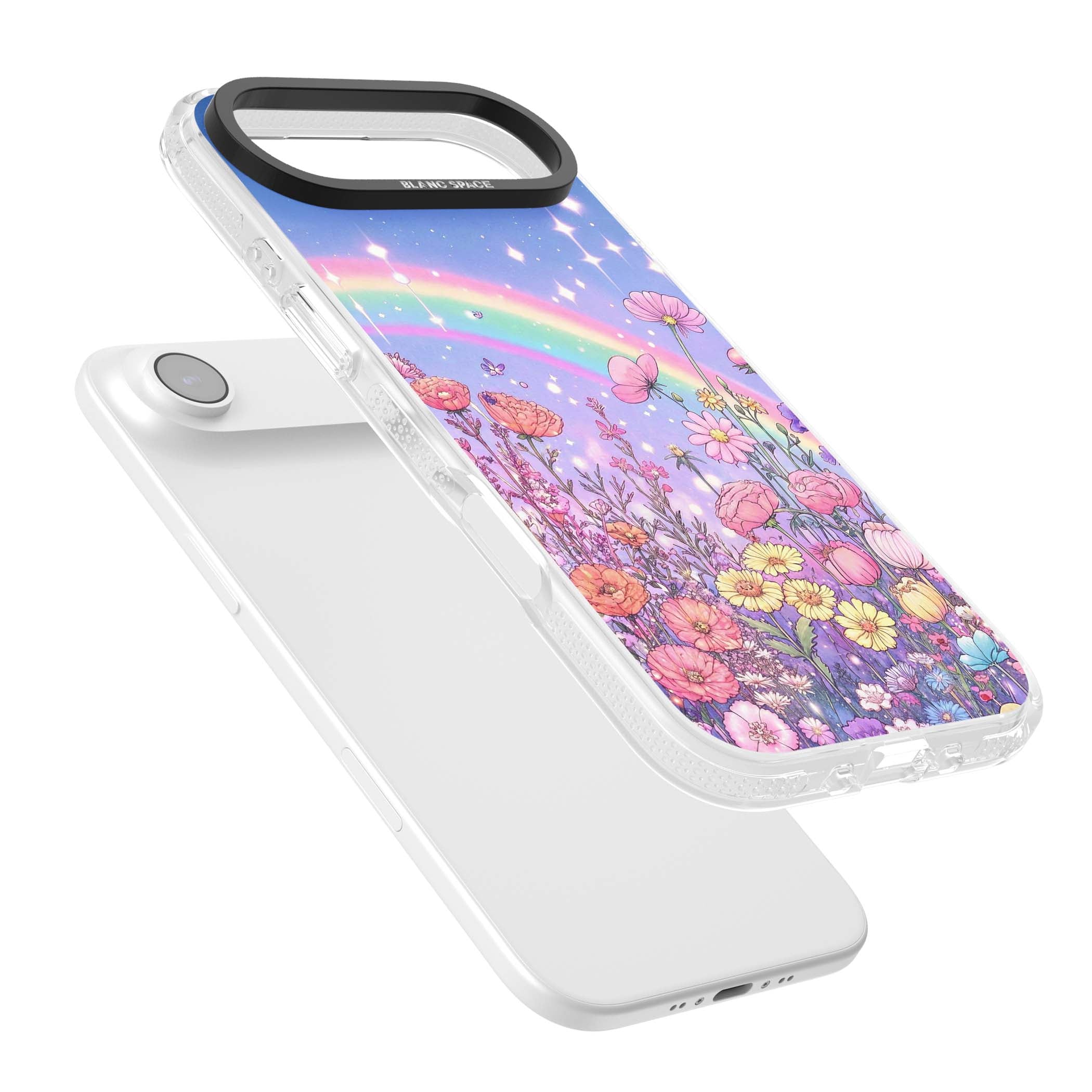 Magical Meadow fairycore iPhone case featuring a pastel rainbow, sparkling stars and a wildflower meadow | Clear Case Impact Air case for iPhone Air