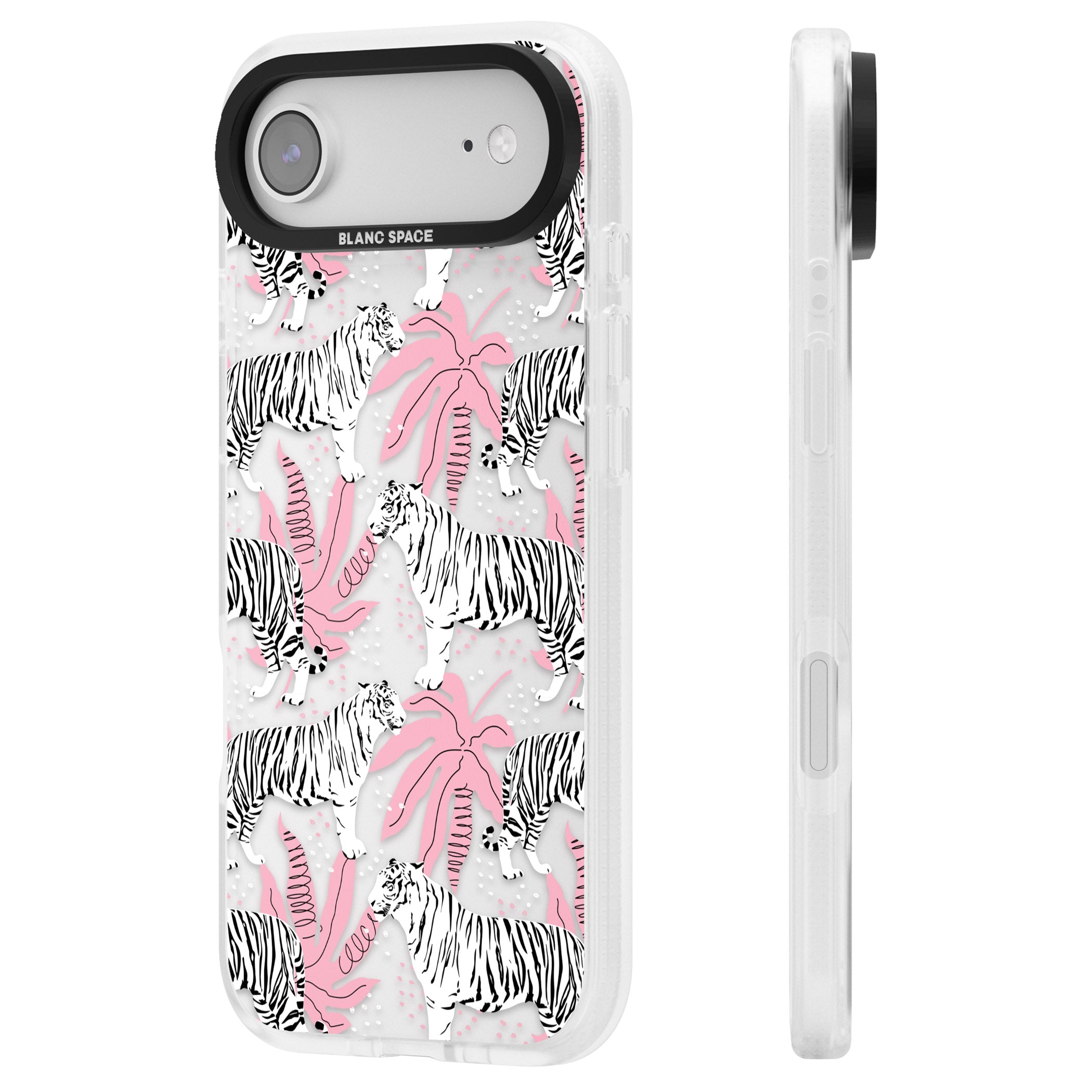 Pink & White Tropical Tigers iPhone 17 Air Impact Air Clear Phone Case Side Profile