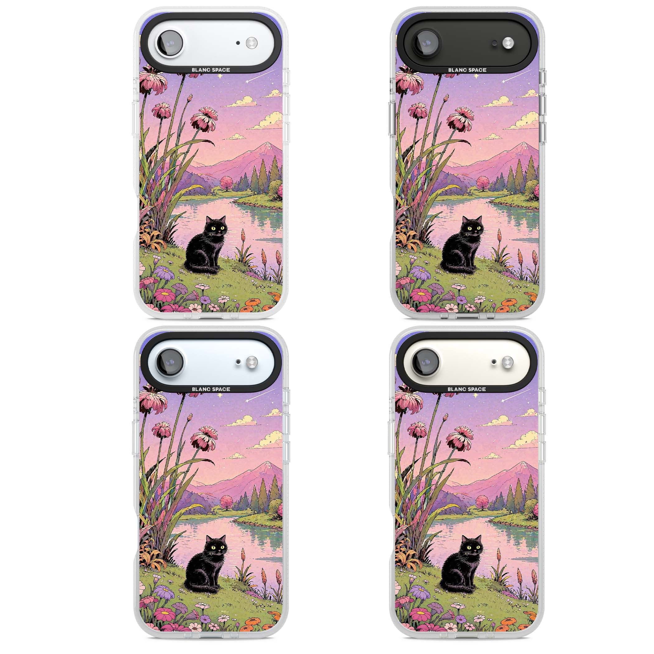 Mystic Whiskers ghibli iPhone case featuring a black cat by a pastel lake, wildflowers and a starry sunset sky | Clear Case Impact Air case for iPhone Air