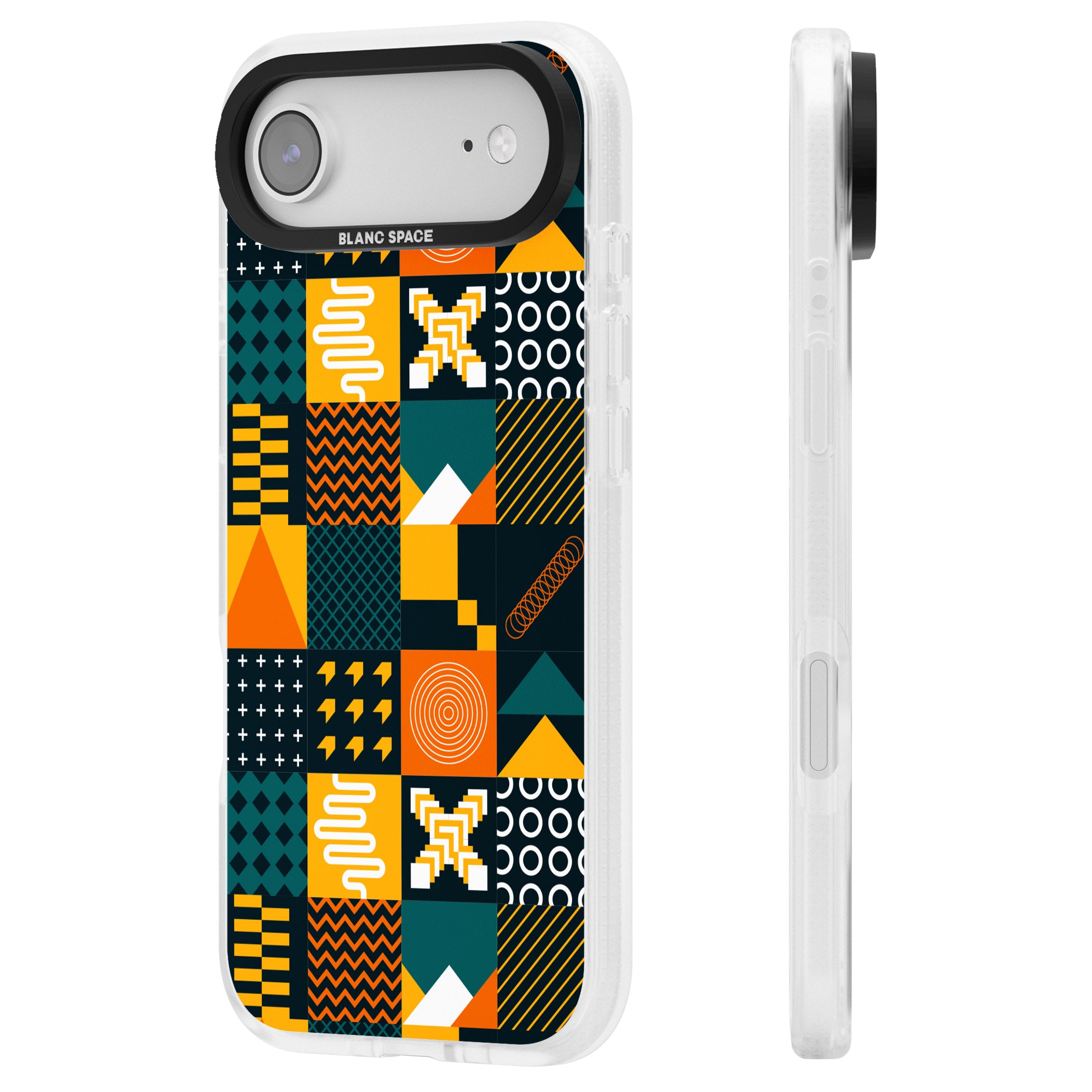 Funky Geometric Patterns: Orange & Dark Green iPhone 17 Air Impact Air Clear Phone Case Side Profile