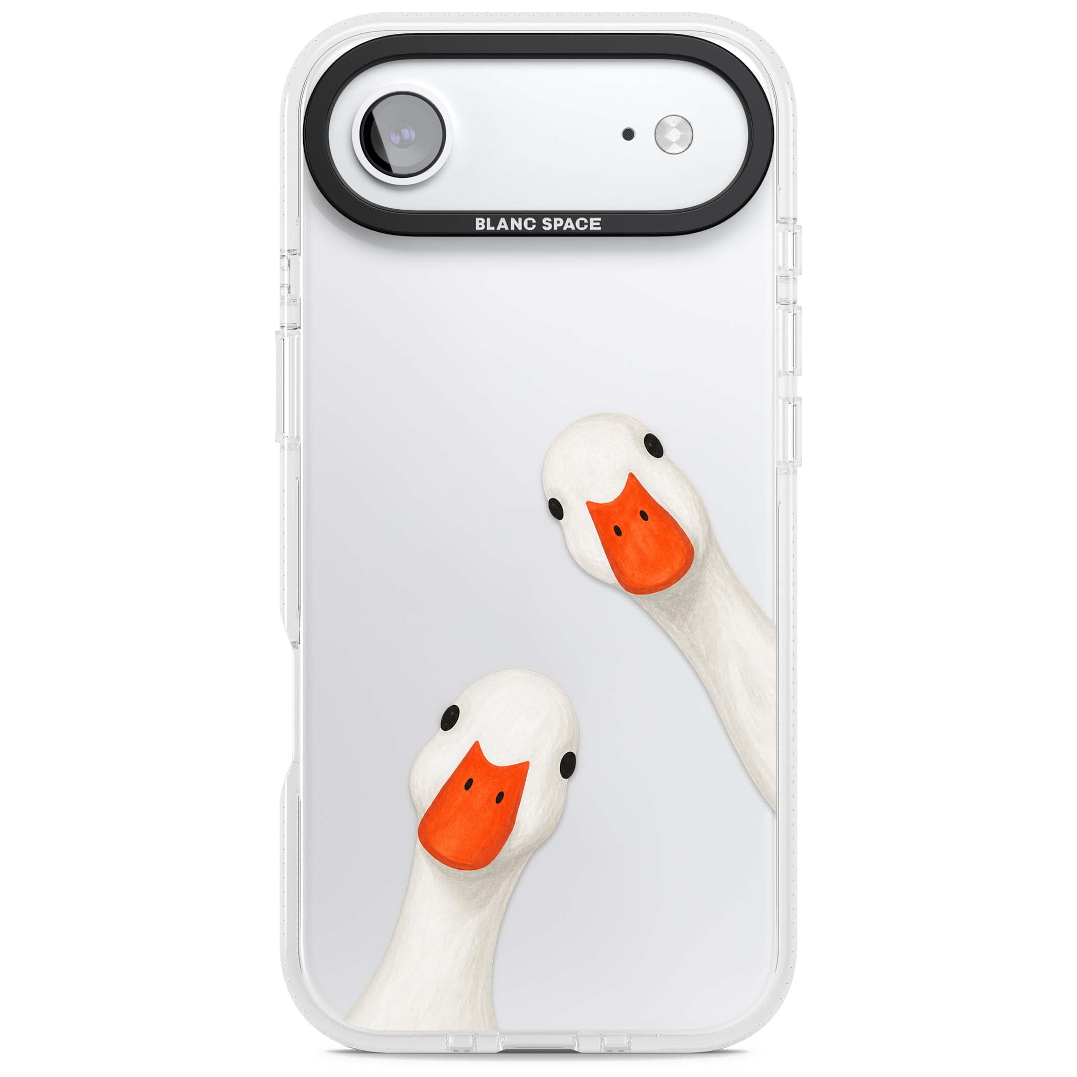 Nosy Ducks cottagecore iPhone case featuring two peeking white ducks with orange beaks on a clear background | Clear Case Impact Air case for iPhone Air