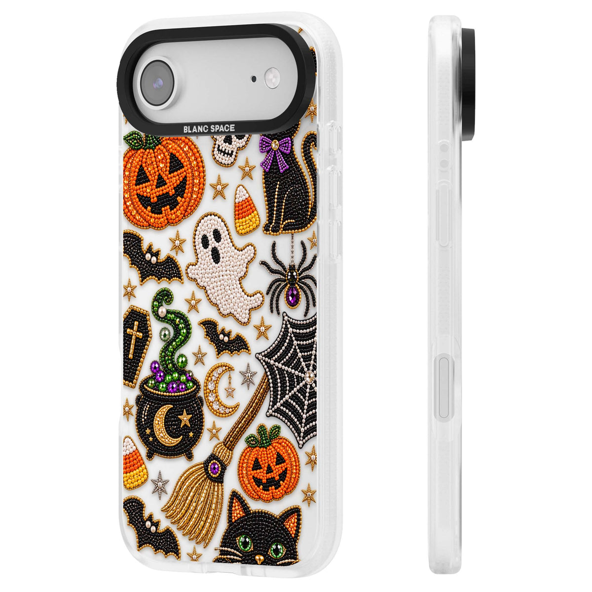 Beaded Halloween Halloween iPhone case featuring beaded pumpkins, ghosts, black cats and bats | Clear Case Impact Air case for iPhone Air