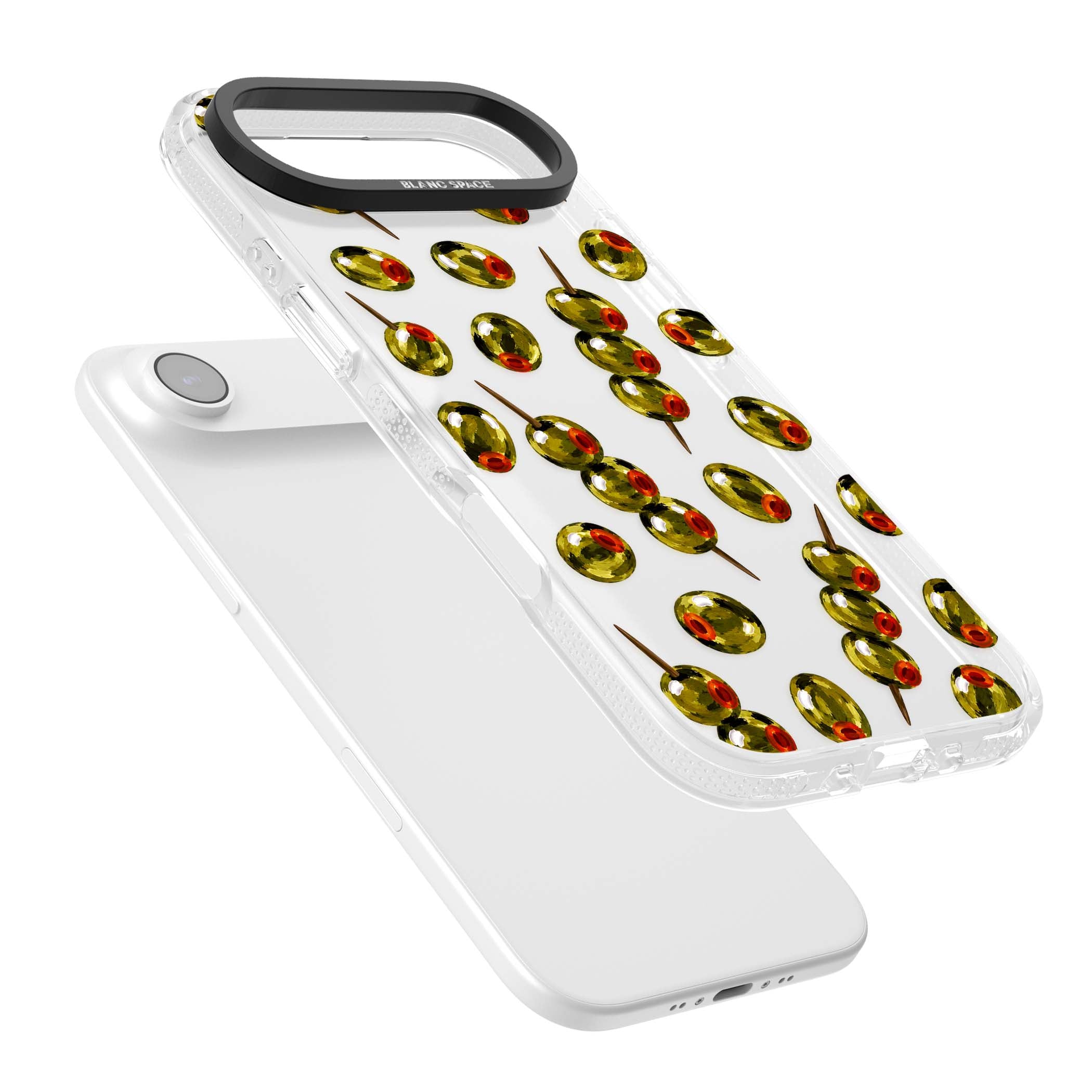 Painted Olives cocktail iPhone case featuring green olives, pimento centres and toothpick skewers on a clear background | Clear Case Impact Air case for iPhone Air