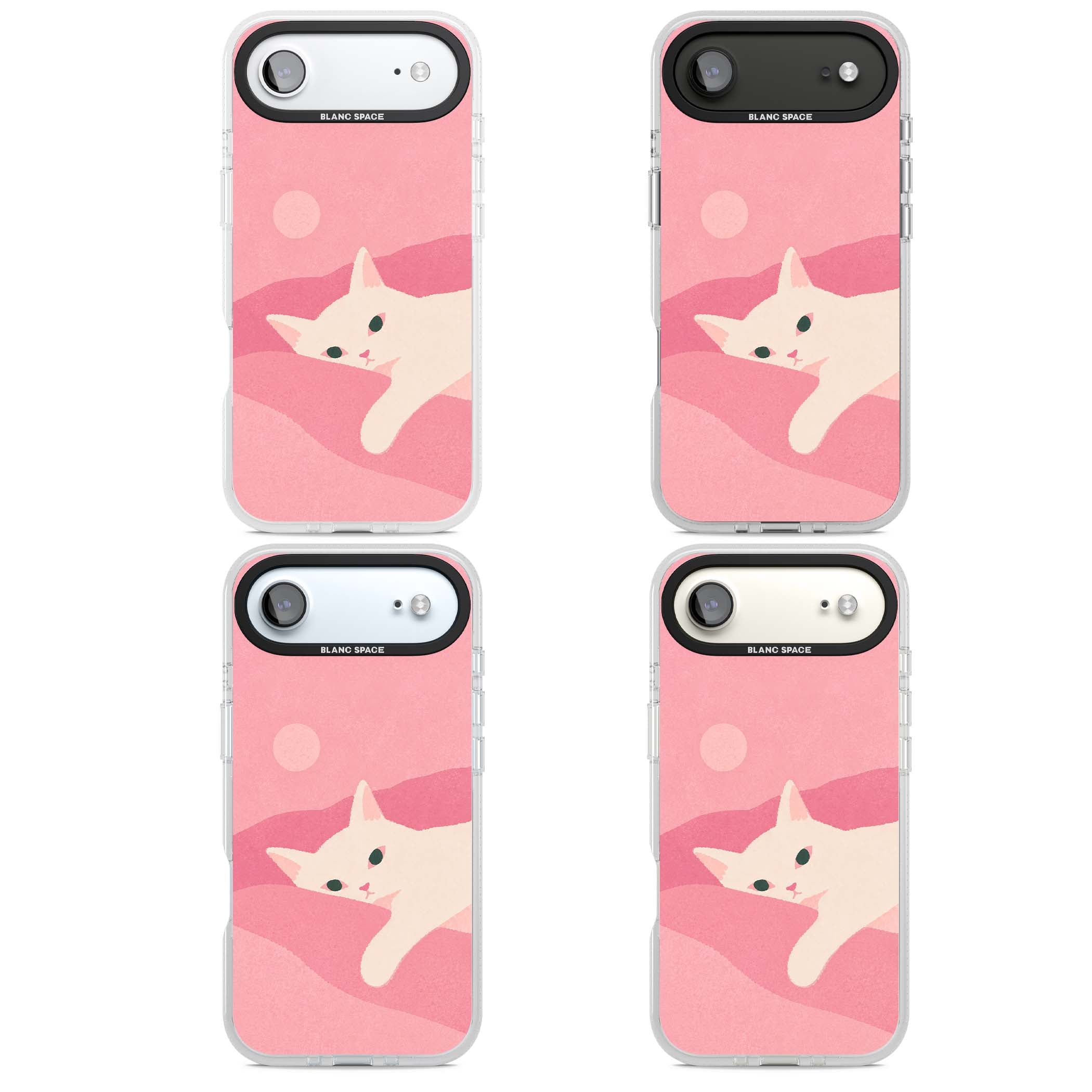 Pink Dreams cute cat iPhone case featuring a white kitten, soft pink hills and a pale pastel sun | Clear Case Impact Air case for iPhone Air