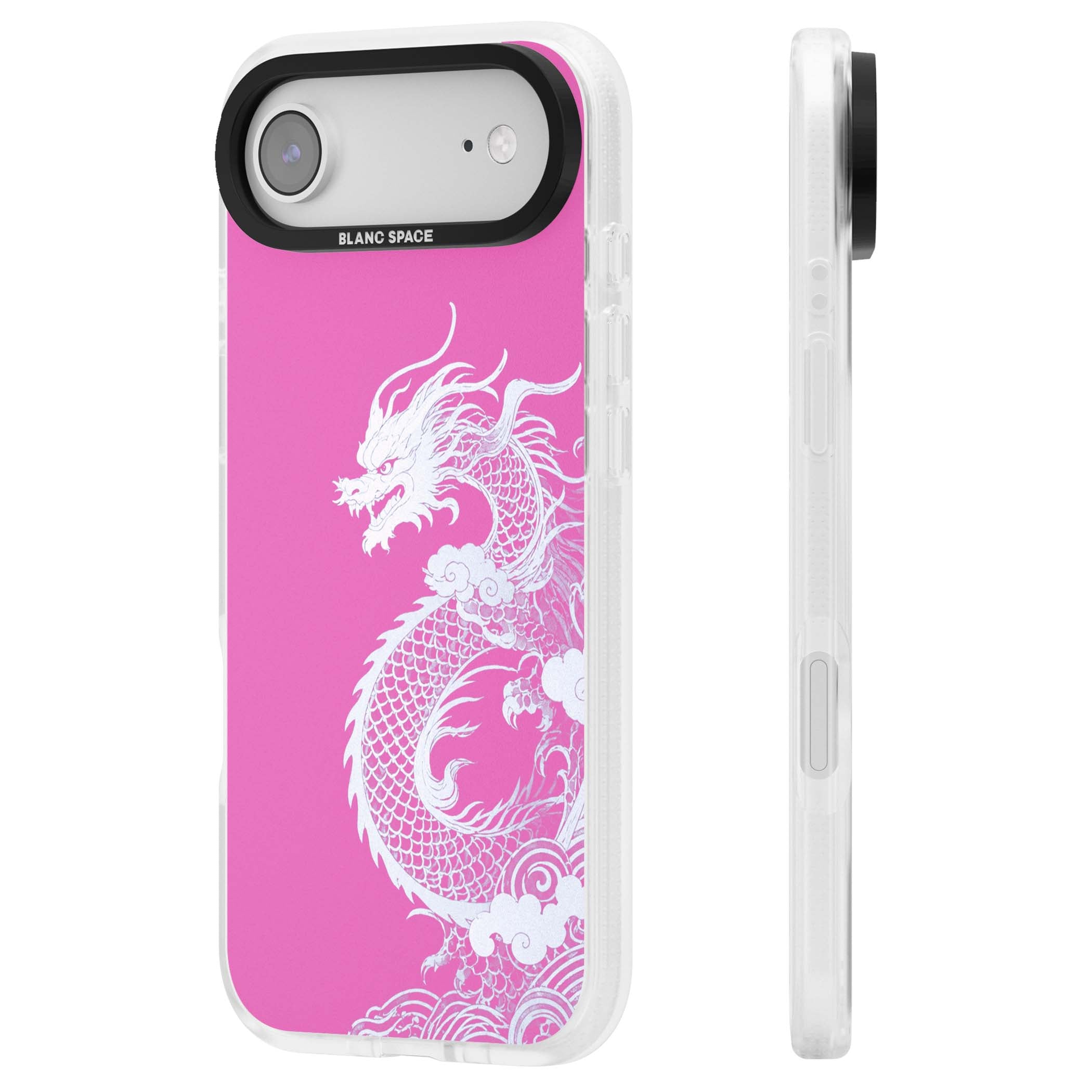 Pink Empress chinese dragon iPhone case featuring a white dragon, swirling clouds and pink dragon wallpaper backdrop | Clear Case Impact Air case for iPhone Air