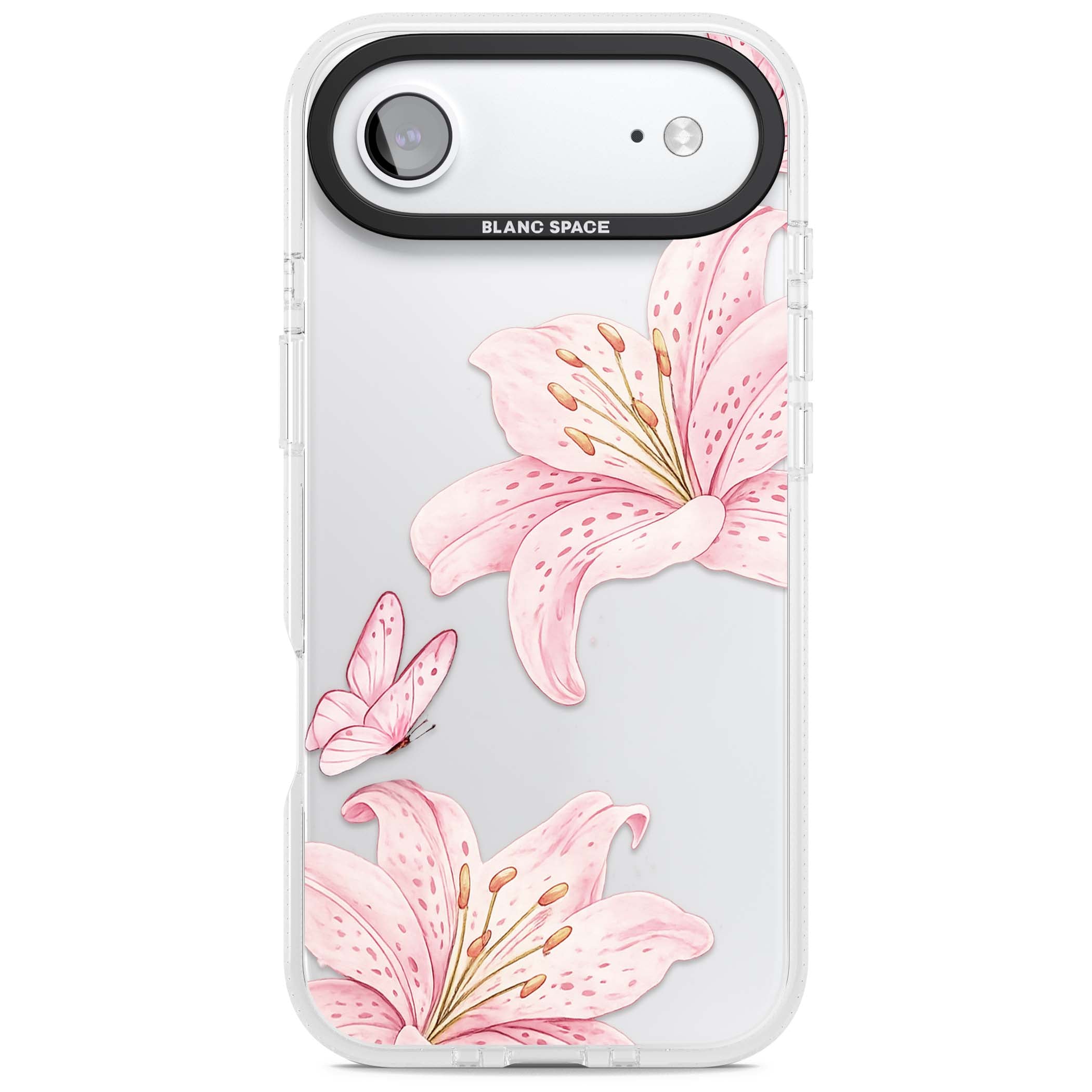 Lily Whisper floral iPhone case featuring pink watercolour lilies and delicate butterflies on a clear background | Clear Case Impact Air case for iPhone Air