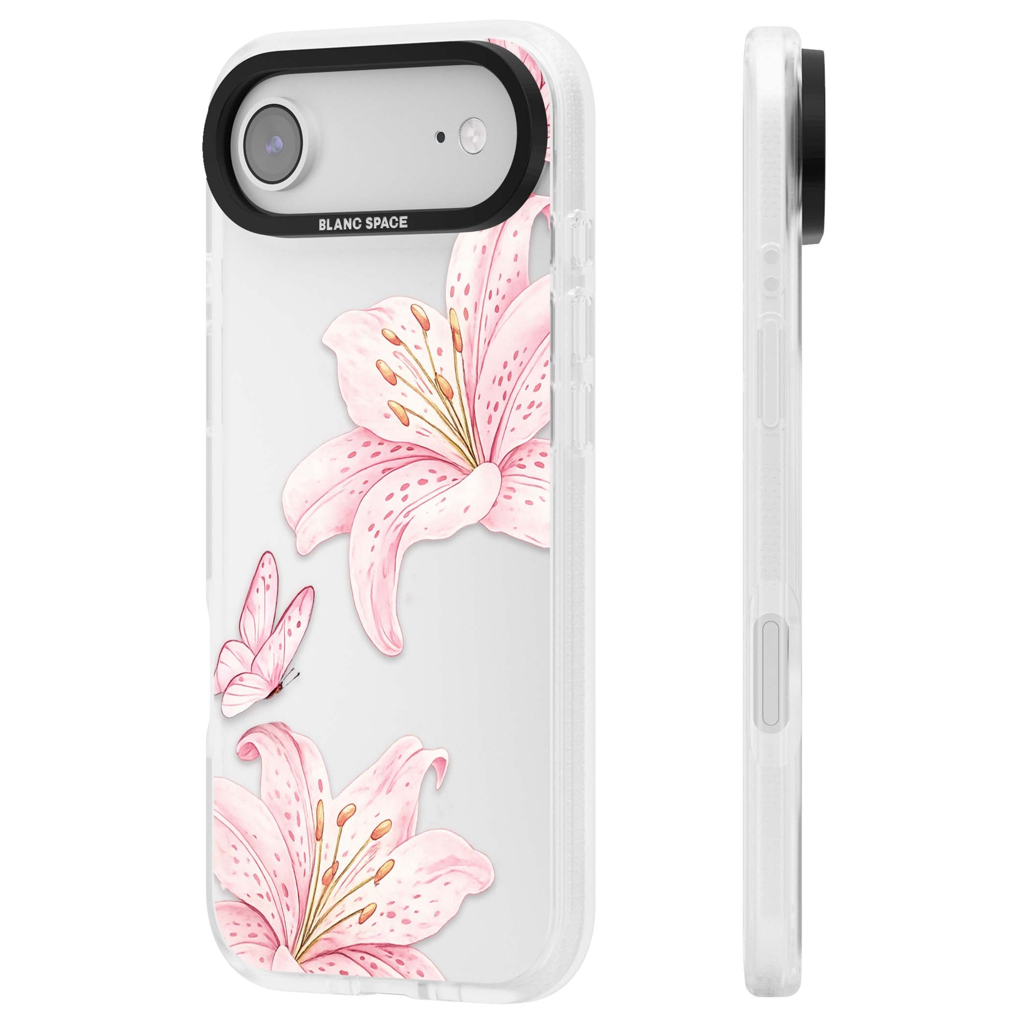 Lily Whisper floral iPhone case featuring pink watercolour lilies and delicate butterflies on a clear background | Clear Case Impact Air case for iPhone Air