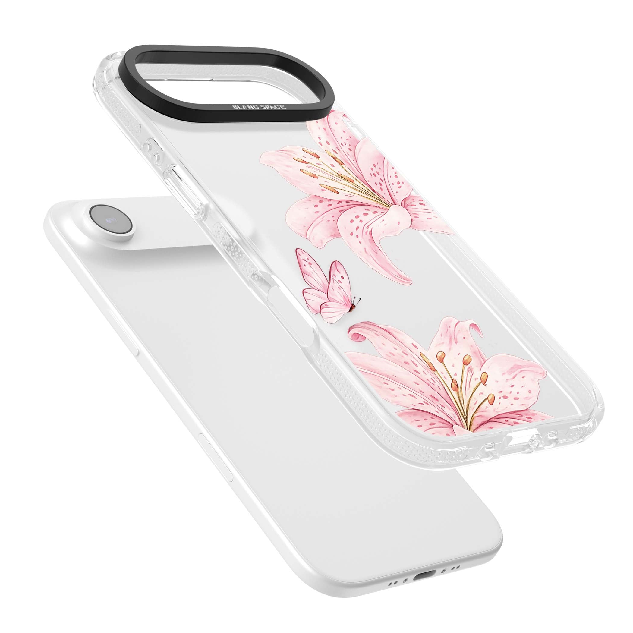 Lily Whisper floral iPhone case featuring pink watercolour lilies and delicate butterflies on a clear background | Clear Case Impact Air case for iPhone Air