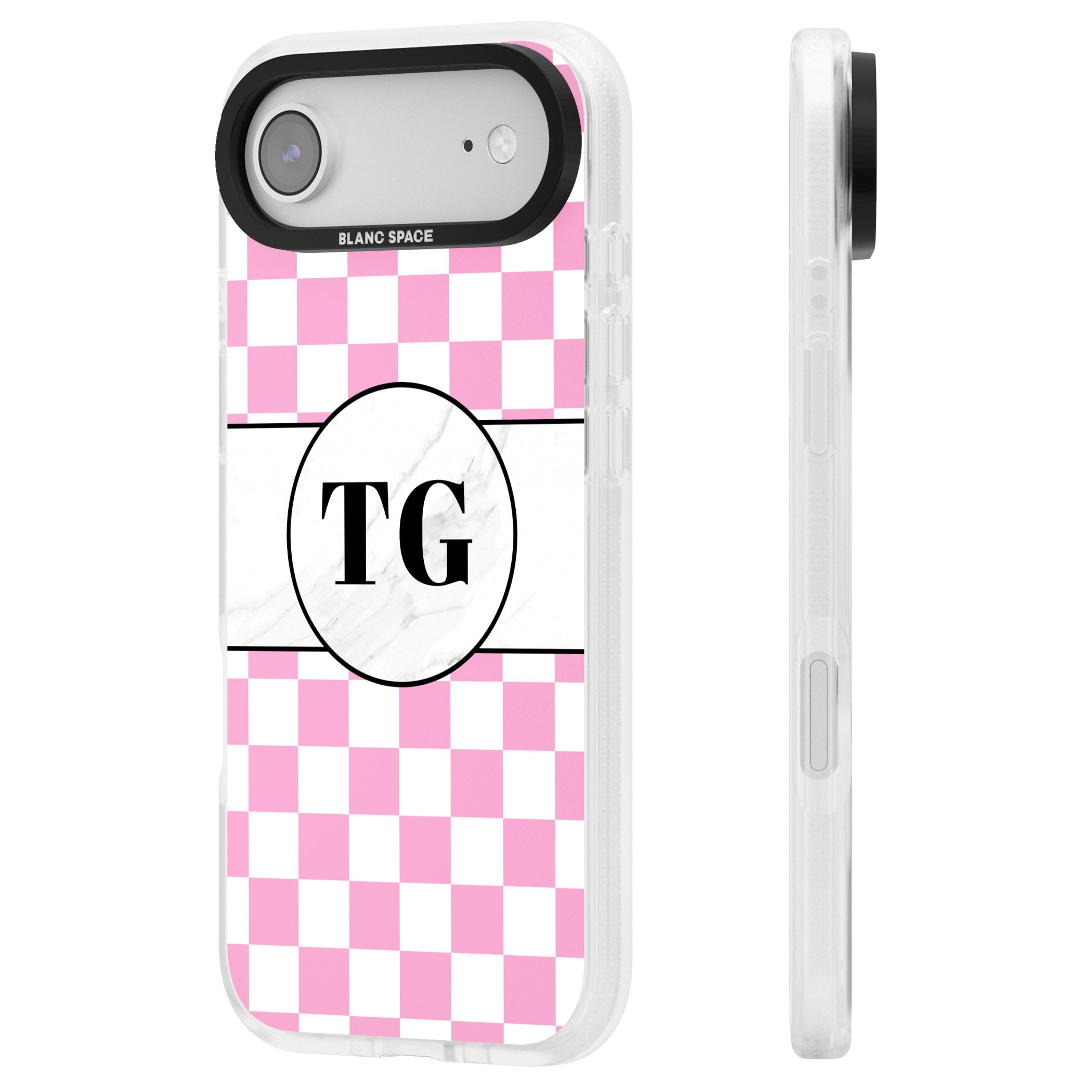 Personalised Monogrammed Pink Check iPhone 17 Air Impact Air Clear Phone Case Side Profile