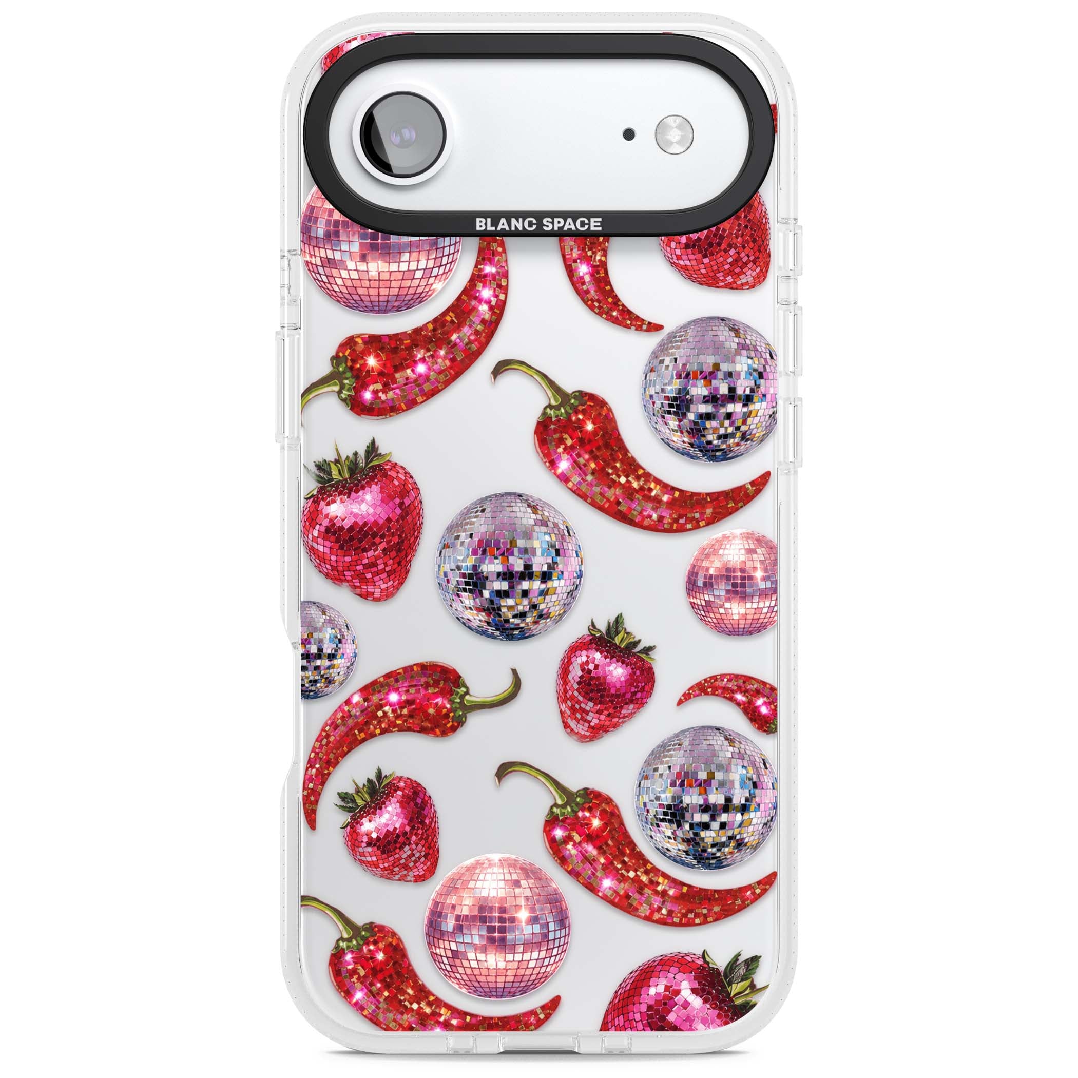 Spicy Disco Y2K iPhone case featuring glitter disco balls, sparkly strawberries and red chilli peppers | Clear Case Impact Air case for iPhone Air