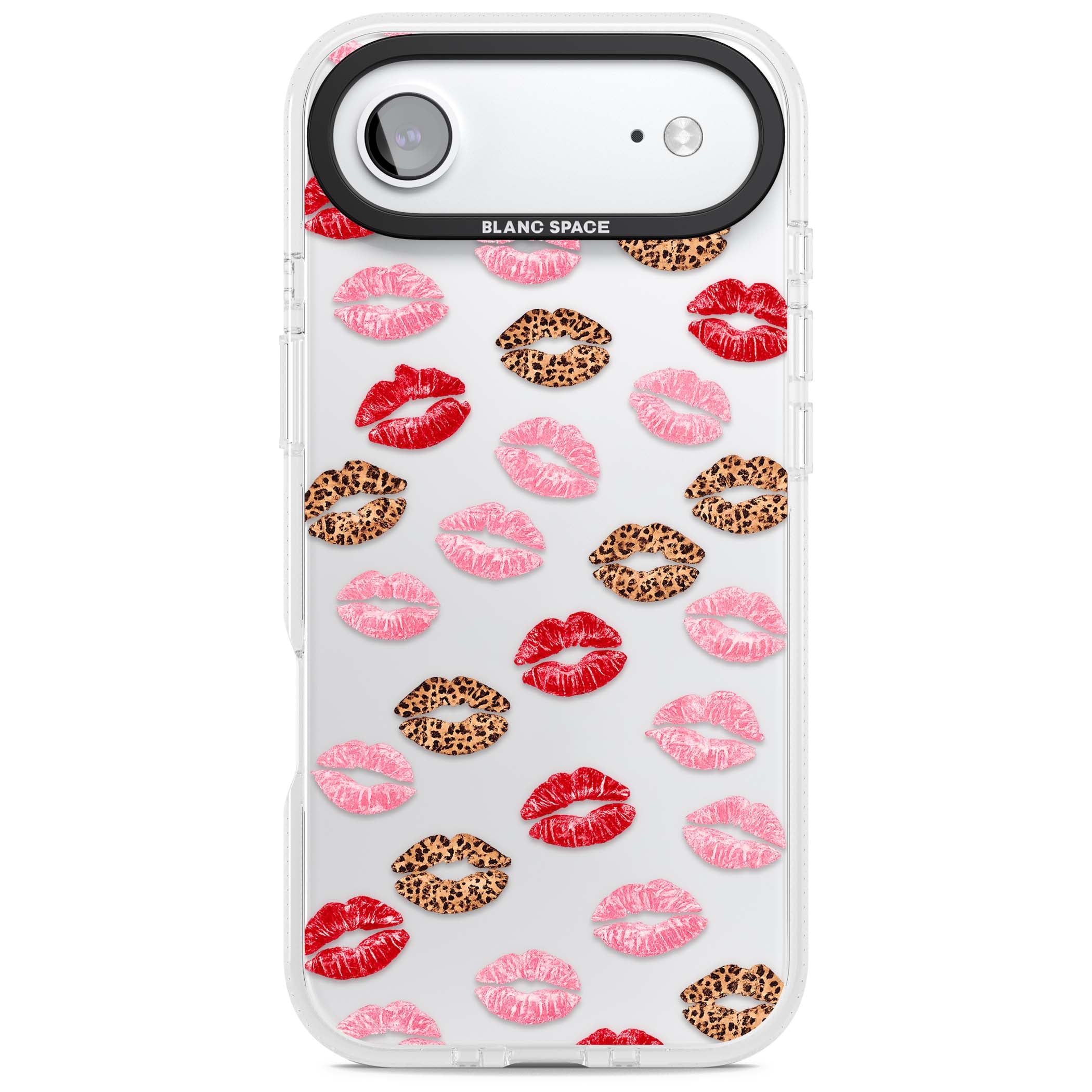 Wild Kisses coquette iPhone case featuring red, pink and leopard print lipstick kiss marks on a clear background | Clear Case Impact Air case for iPhone Air