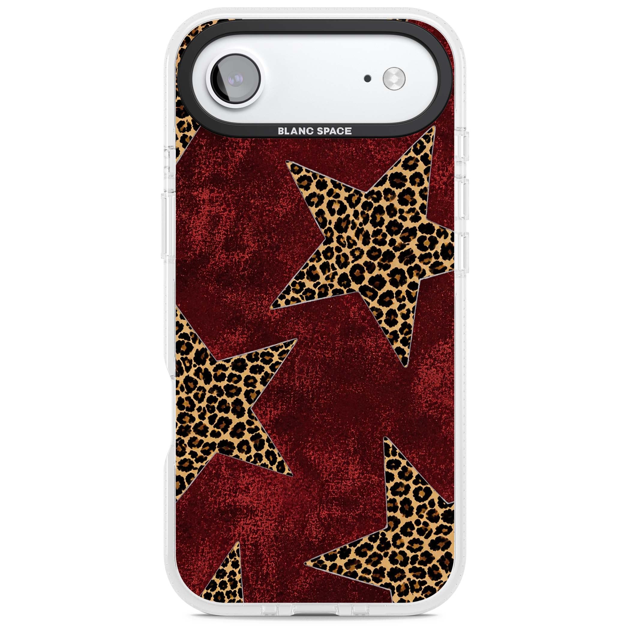 Showgirl leopard print iPhone case featuring cheetah print stars on distressed red grunge background | Clear Case Impact Air case for iPhone Air