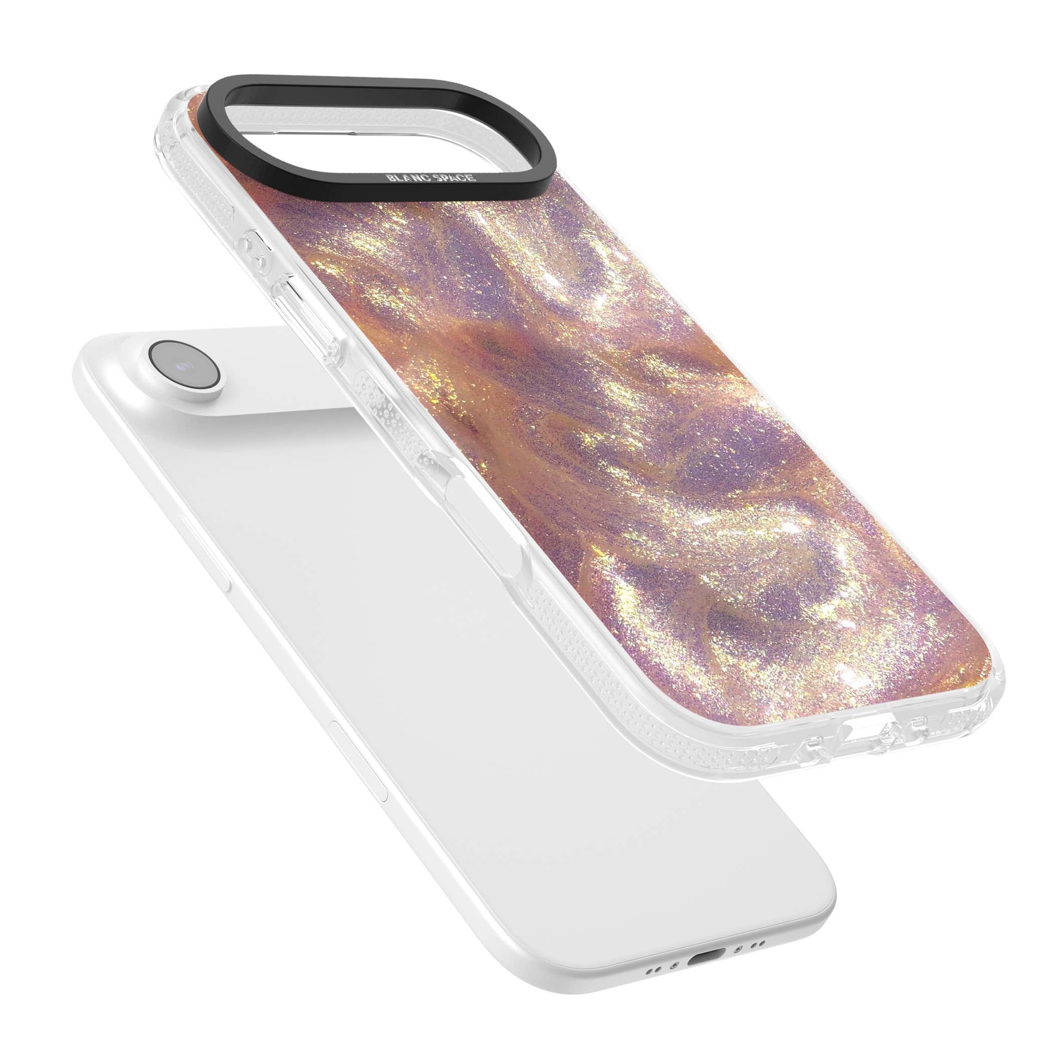 Shimmer marble iPhone case featuring rose gold glitter swirls, lilac shimmer and iridescent pearl finish | Clear Case Impact Air case for iPhone Air