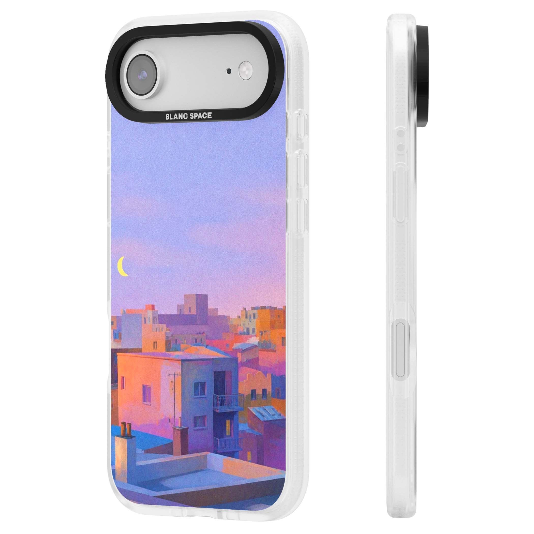 Twilight Rooftops vaporwave iPhone case featuring a pastel sunset cityscape, painted rooftops and a crescent moon. | Clear Case Impact Air case for iPhone Air