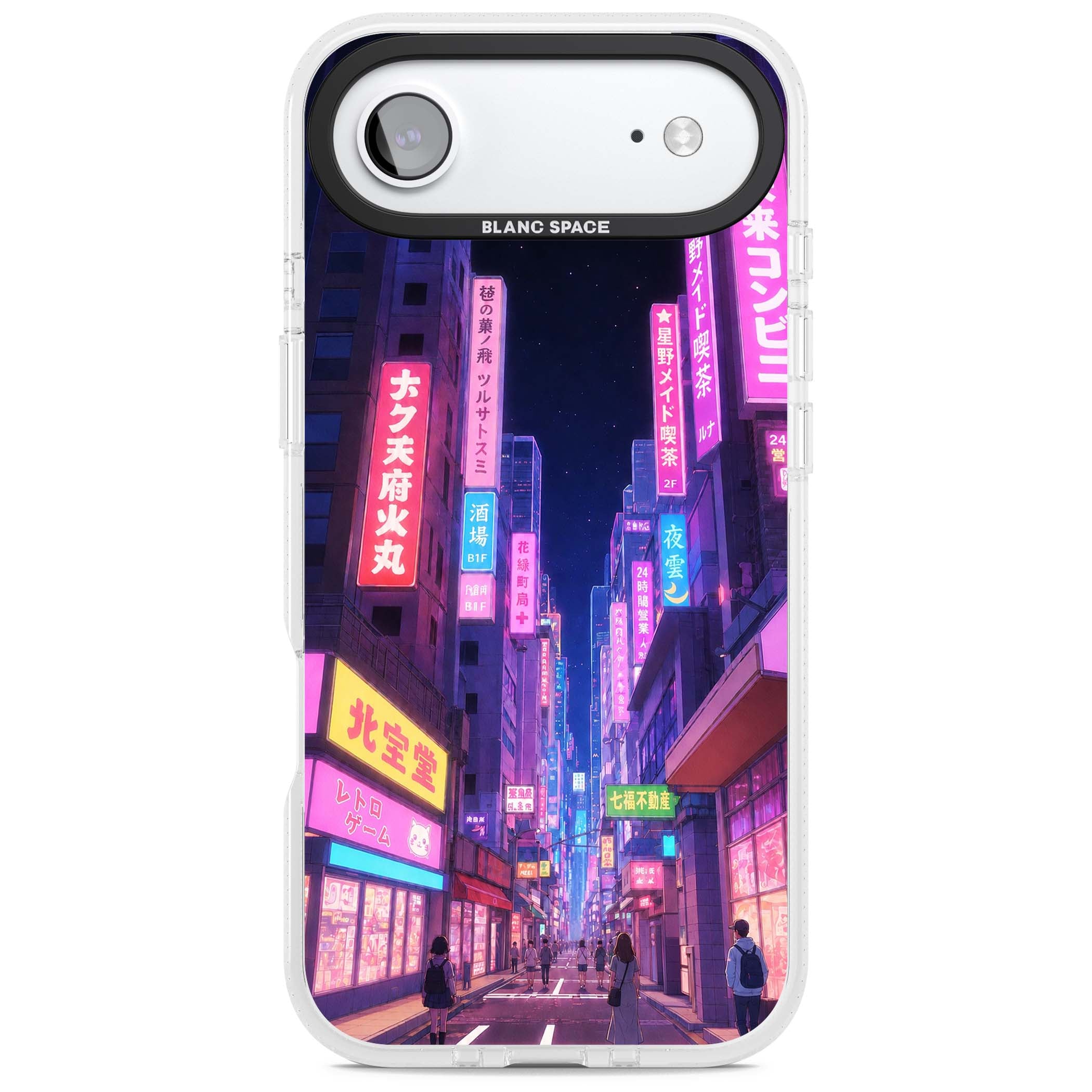 Shibuya At Night Japanese neon city iPhone case featuring glowing kanji signs, pink storefronts and a Tokyo street at n | Clear Case Impact Air case for iPhone Air