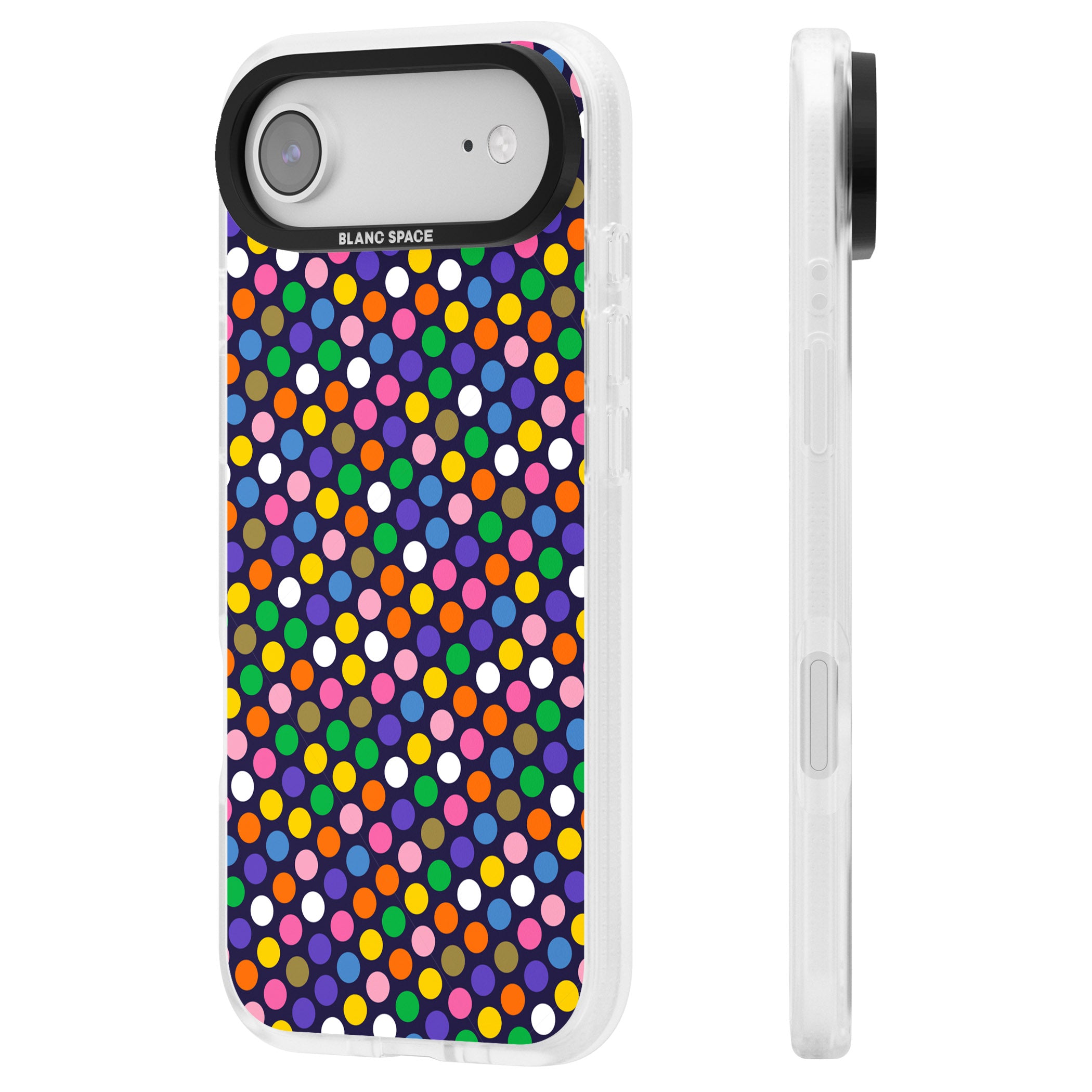 Multicolour Polka Dot Fiesta (Purple) iPhone 17 Air Impact Air Clear Phone Case Side Profile