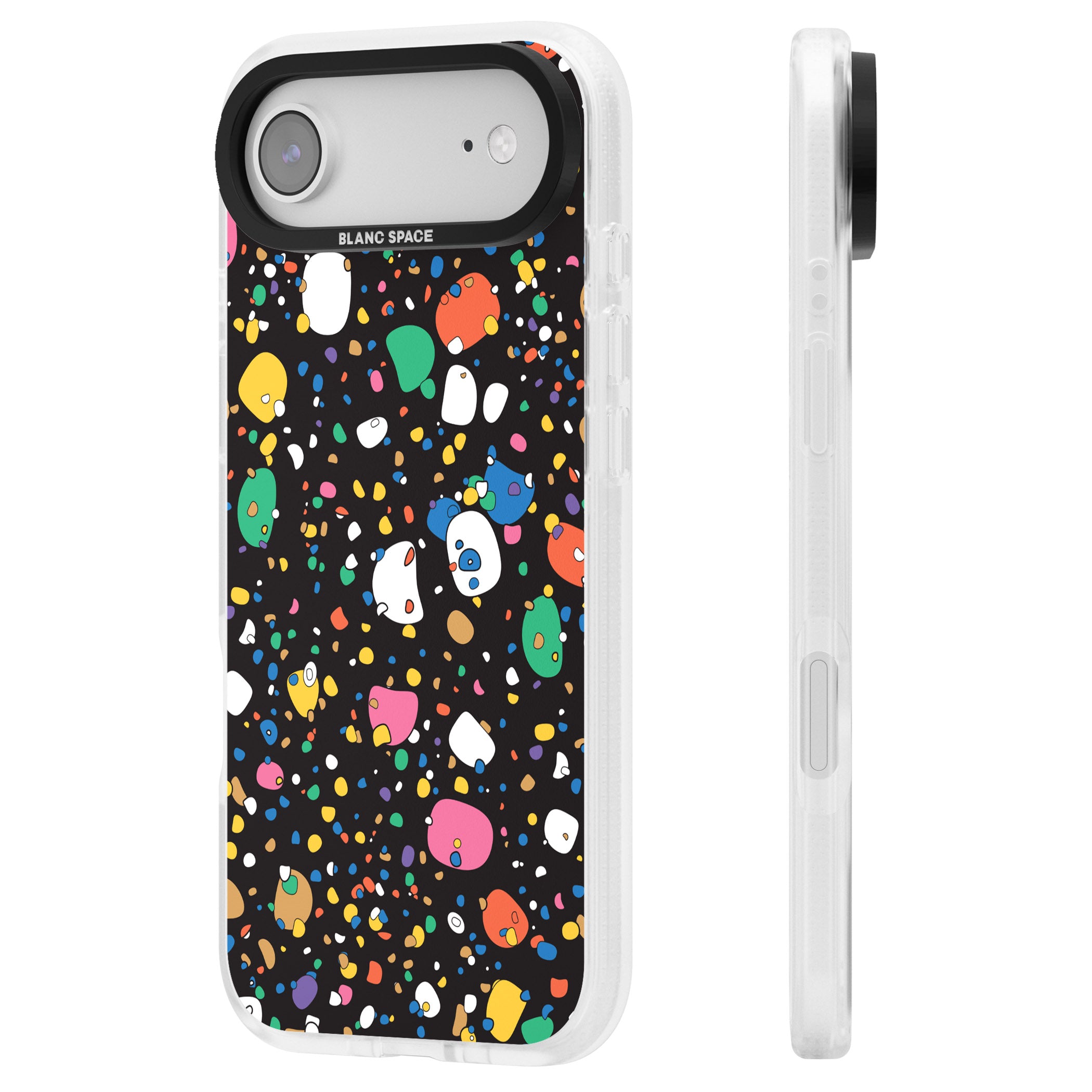 Colourful Confetti Pebbles (Black) iPhone 17 Air Impact Air Clear Phone Case Side Profile