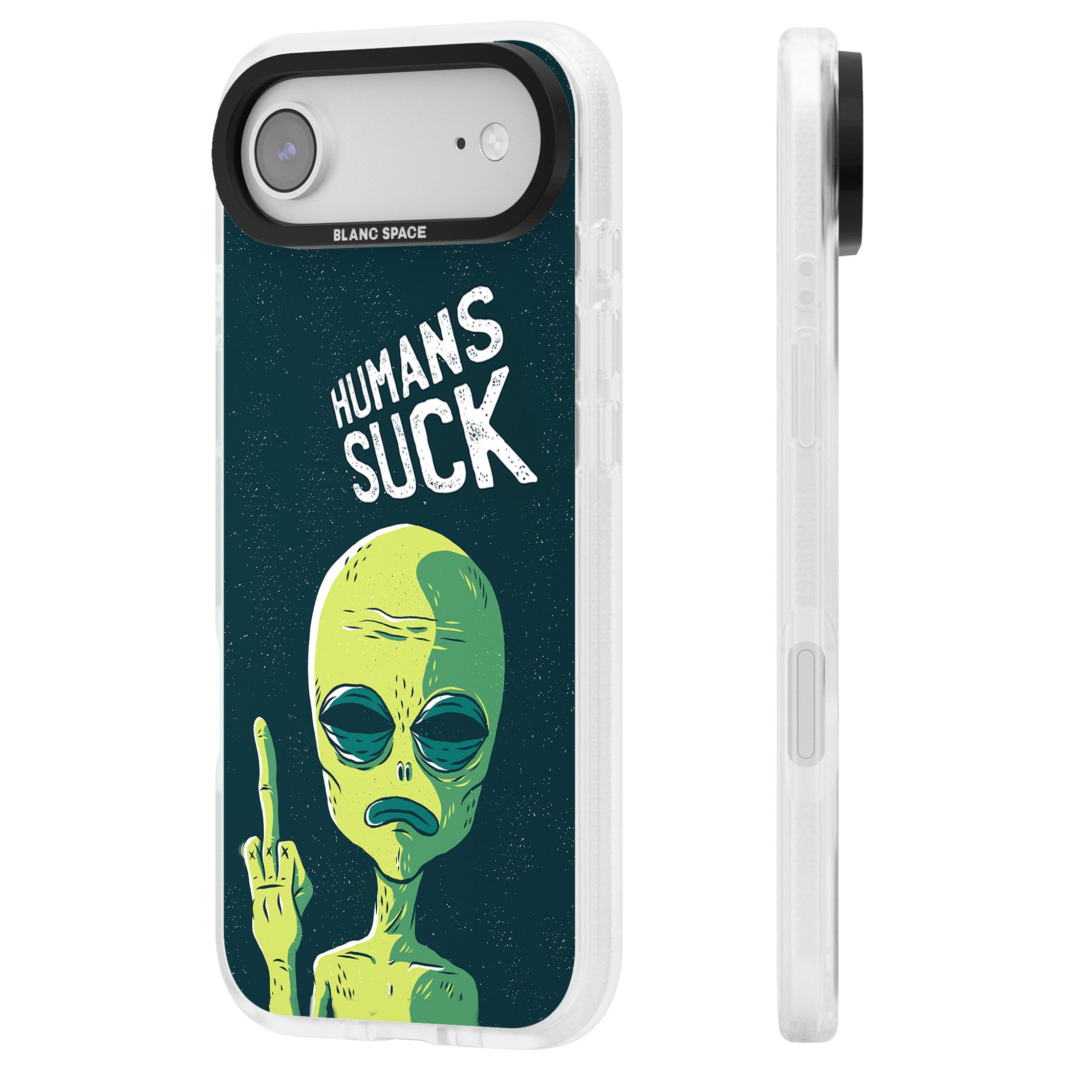 Humans Suck Alien iPhone 17 Air Impact Air Clear Phone Case Side Profile