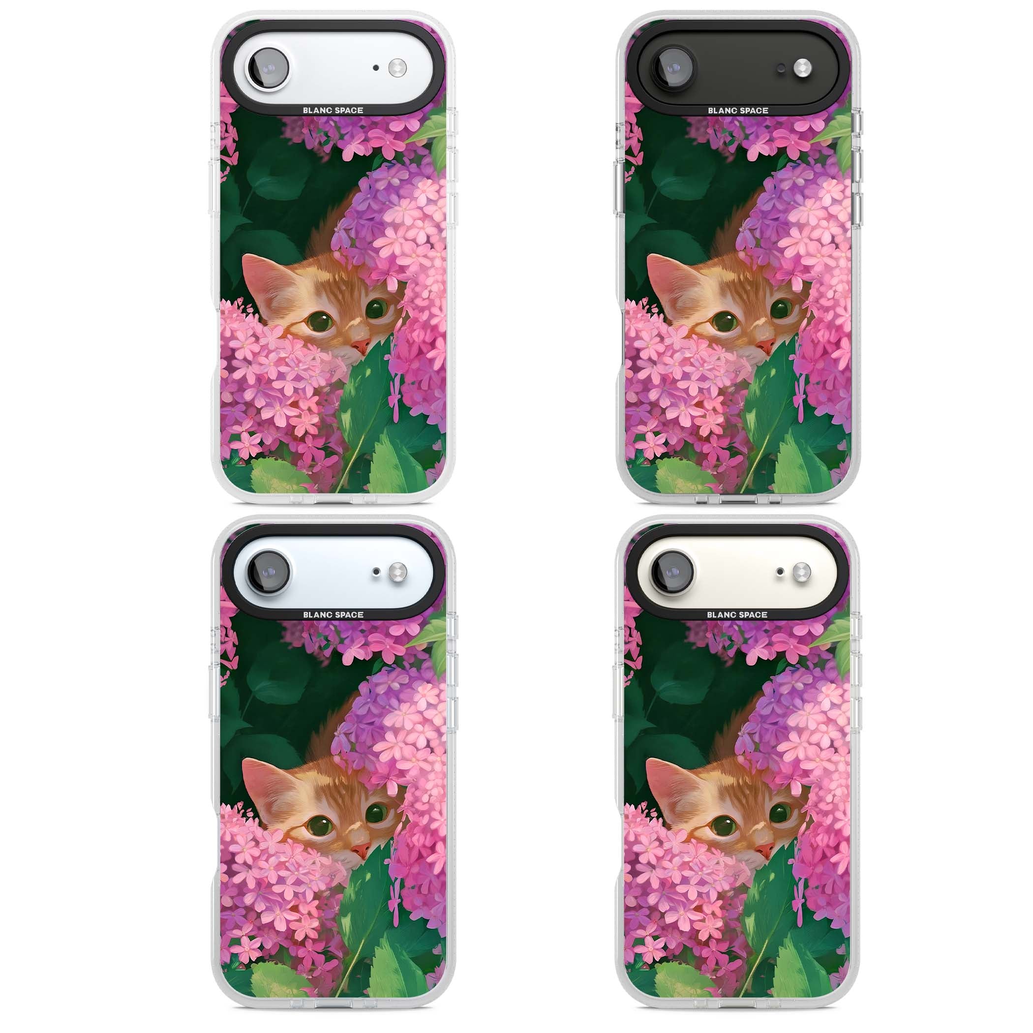 Cat In Pink Flowers cottagecore iPhone case featuring a ginger kitten peeking through lilac and pink hydrangea flo | Clear Case Impact Air case for iPhone Air