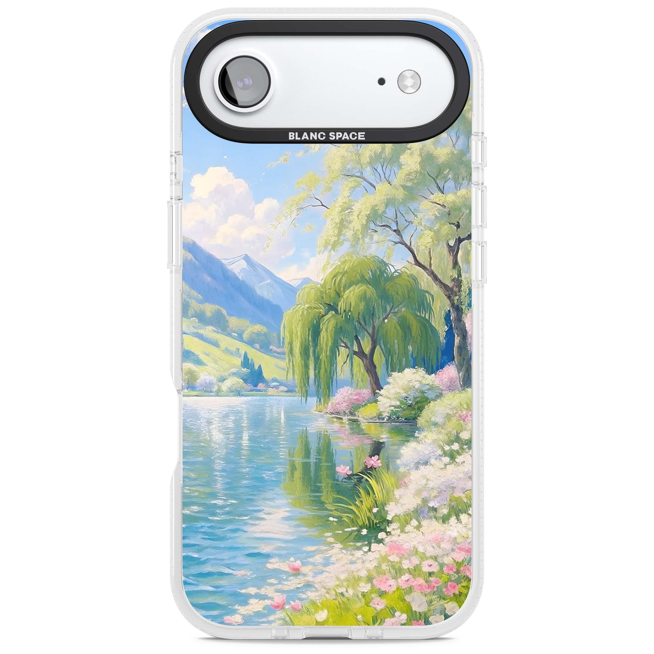 Willow Lake cottagecore iPhone case featuring a painted lakeside with weeping willow, blossoms and distant mountains | Clear Case Impact Air case for iPhone Air