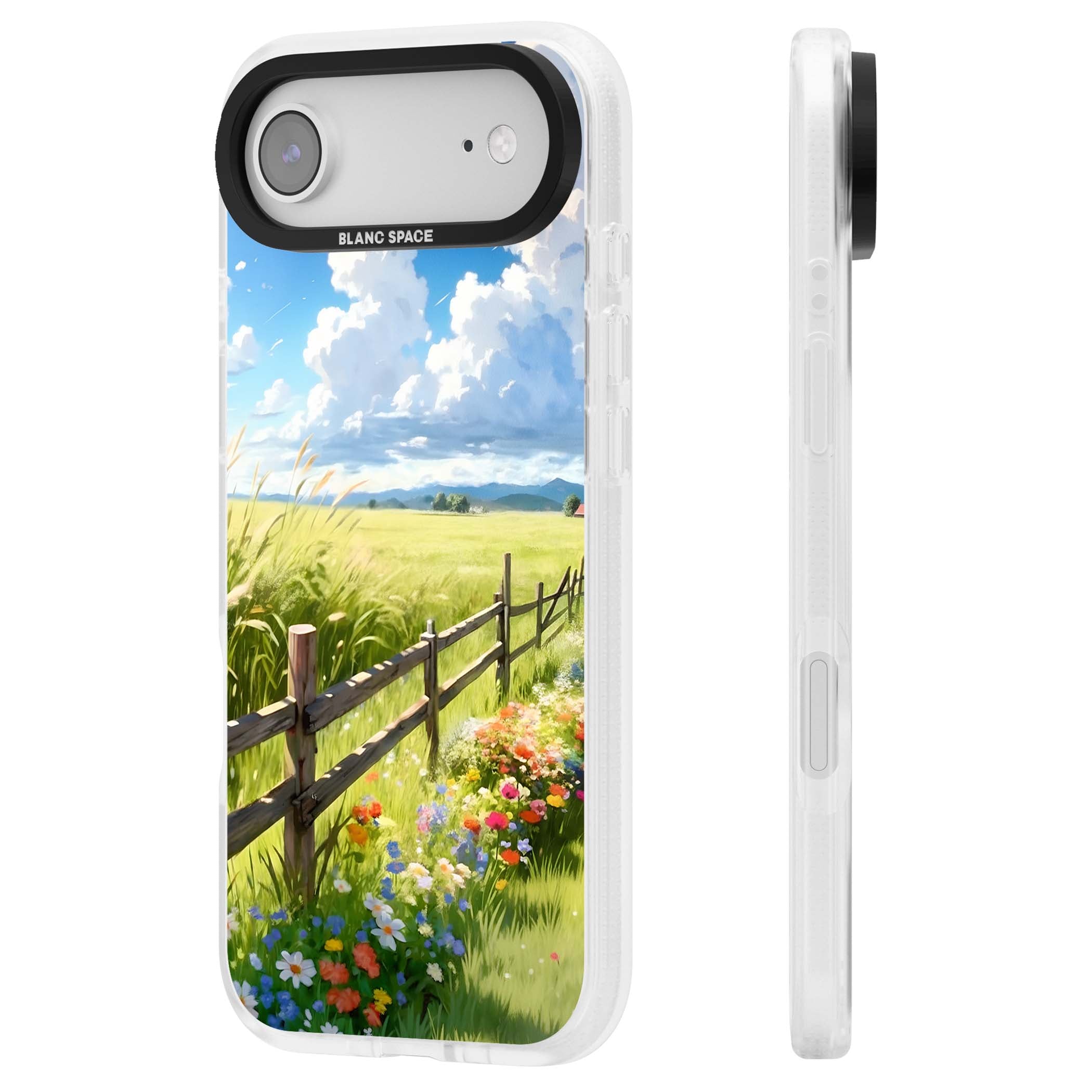 A Countryside Afternoon cottagecore iPhone case featuring a painted countryside meadow, wooden fence, and wildflowers beneath | Clear Case Impact Air case for iPhone Air