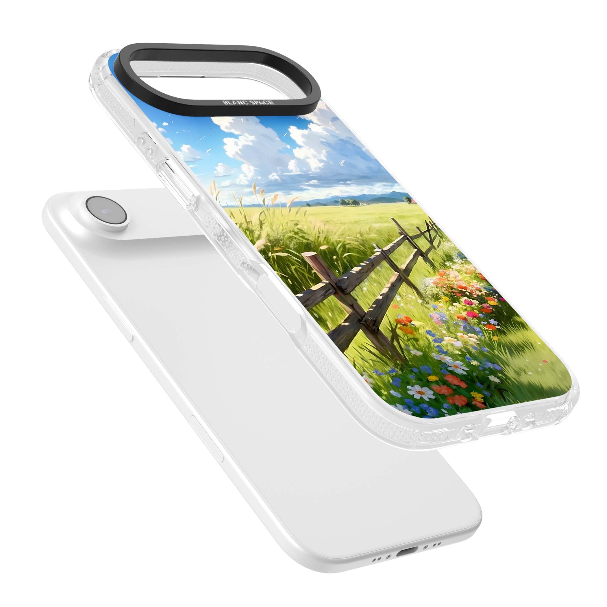 A Countryside Afternoon cottagecore iPhone case featuring a painted countryside meadow, wooden fence, and wildflowers beneath | Clear Case Impact Air case for iPhone Air