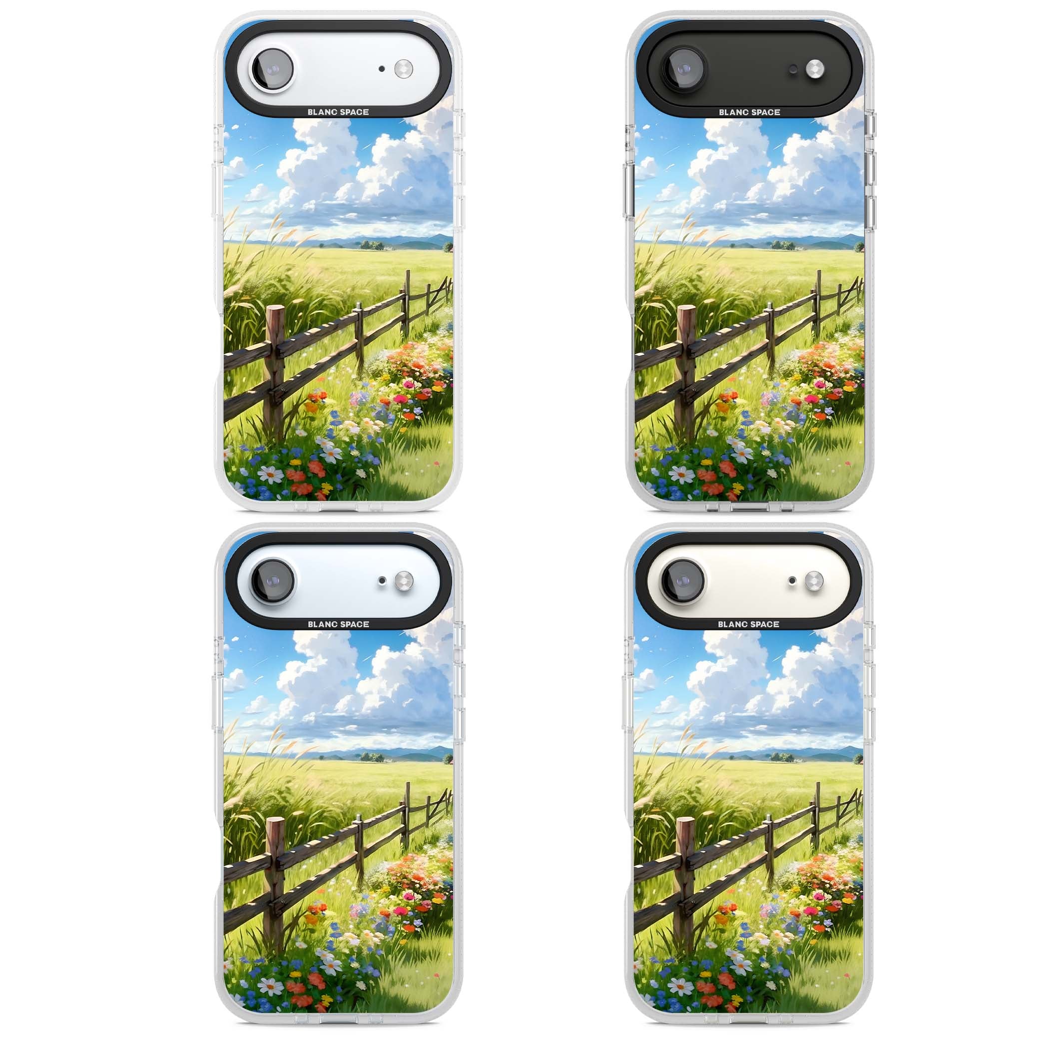 A Countryside Afternoon cottagecore iPhone case featuring a painted countryside meadow, wooden fence, and wildflowers beneath | Clear Case Impact Air case for iPhone Air