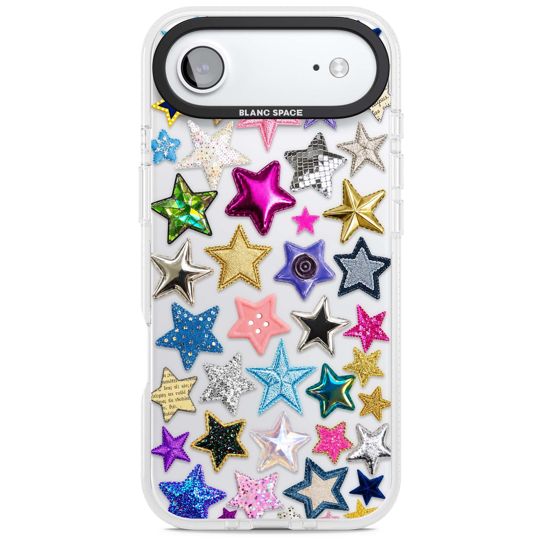 Crafty Star Mix Y2K iPhone case featuring embroidered, sequinned and glitter star patches in rainbow colours | Clear Case Impact Air case for iPhone Air