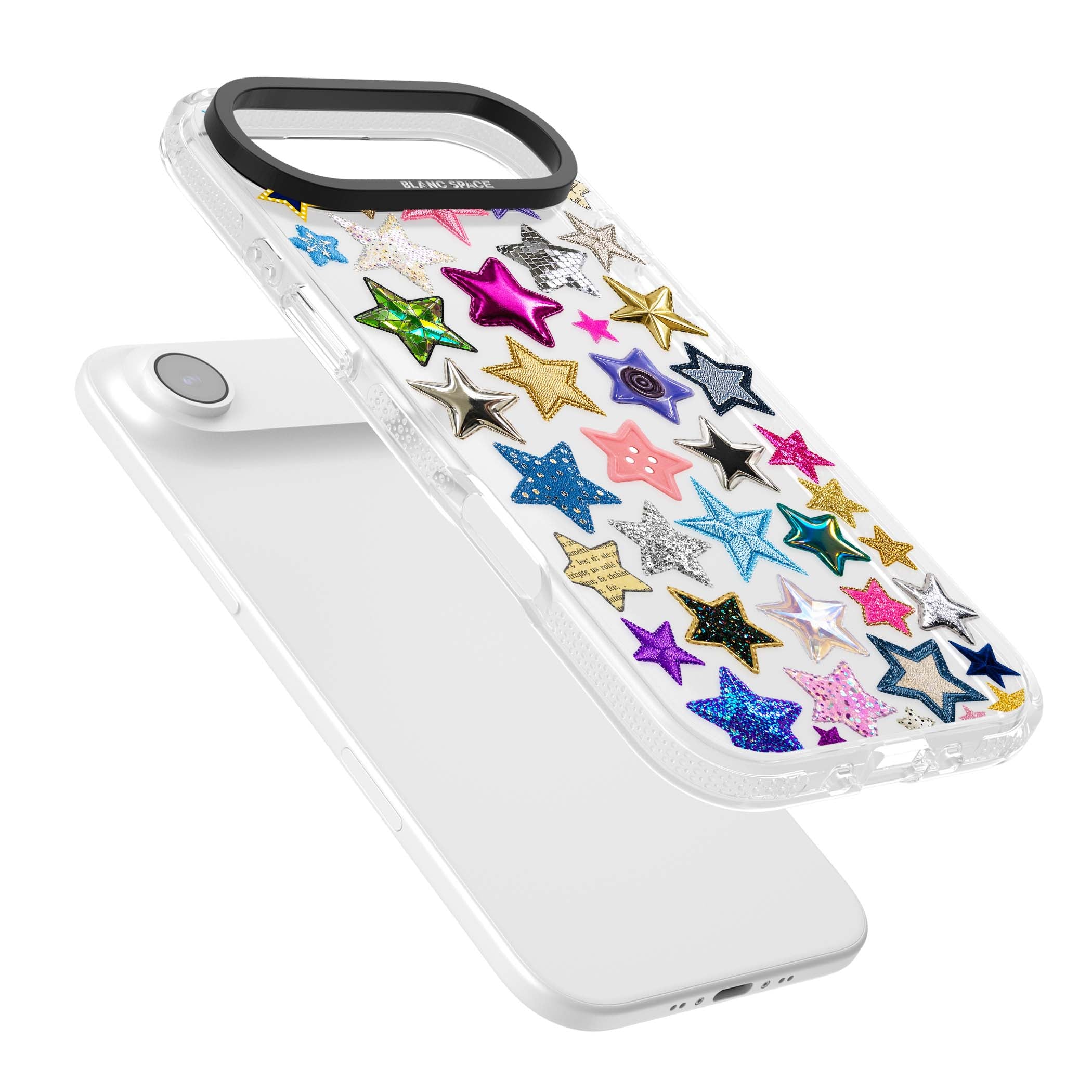 Crafty Star Mix Y2K iPhone case featuring embroidered, sequinned and glitter star patches in rainbow colours | Clear Case Impact Air case for iPhone Air
