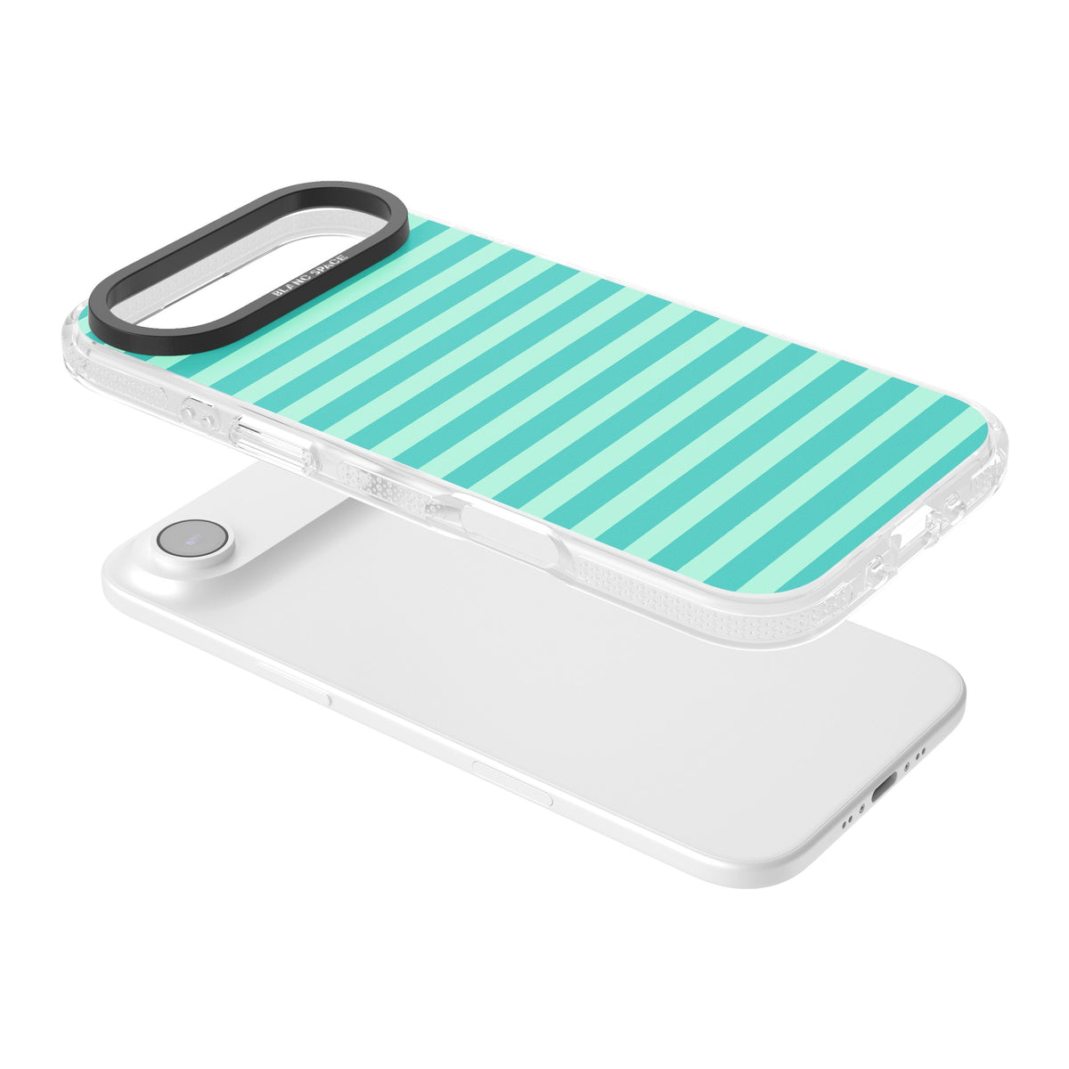 Turquoise Stripe preppy iPhone case featuring horizontal teal and mint green stripes on a black protective frame iPhone Air / iPhone 17 Air Impact Air Phone Case angled