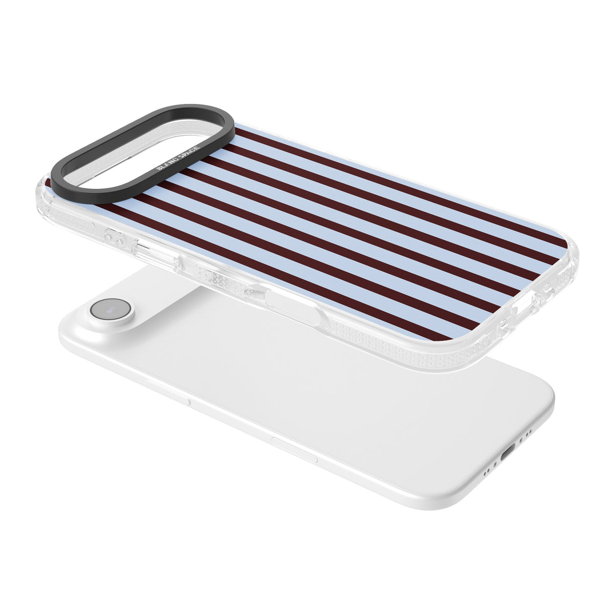 Blackcurrant Stripe preppy iPhone case featuring vertical burgundy and light blue stripes in a classic pinstripe layout iPhone Air / iPhone 17 Air Impact Air Phone Case angled