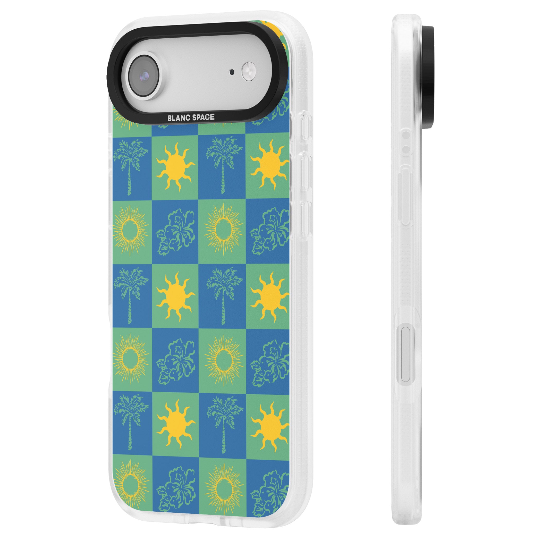 Green & Blue Tropical Checked iPhone 17 Air Impact Air Clear Phone Case Side Profile