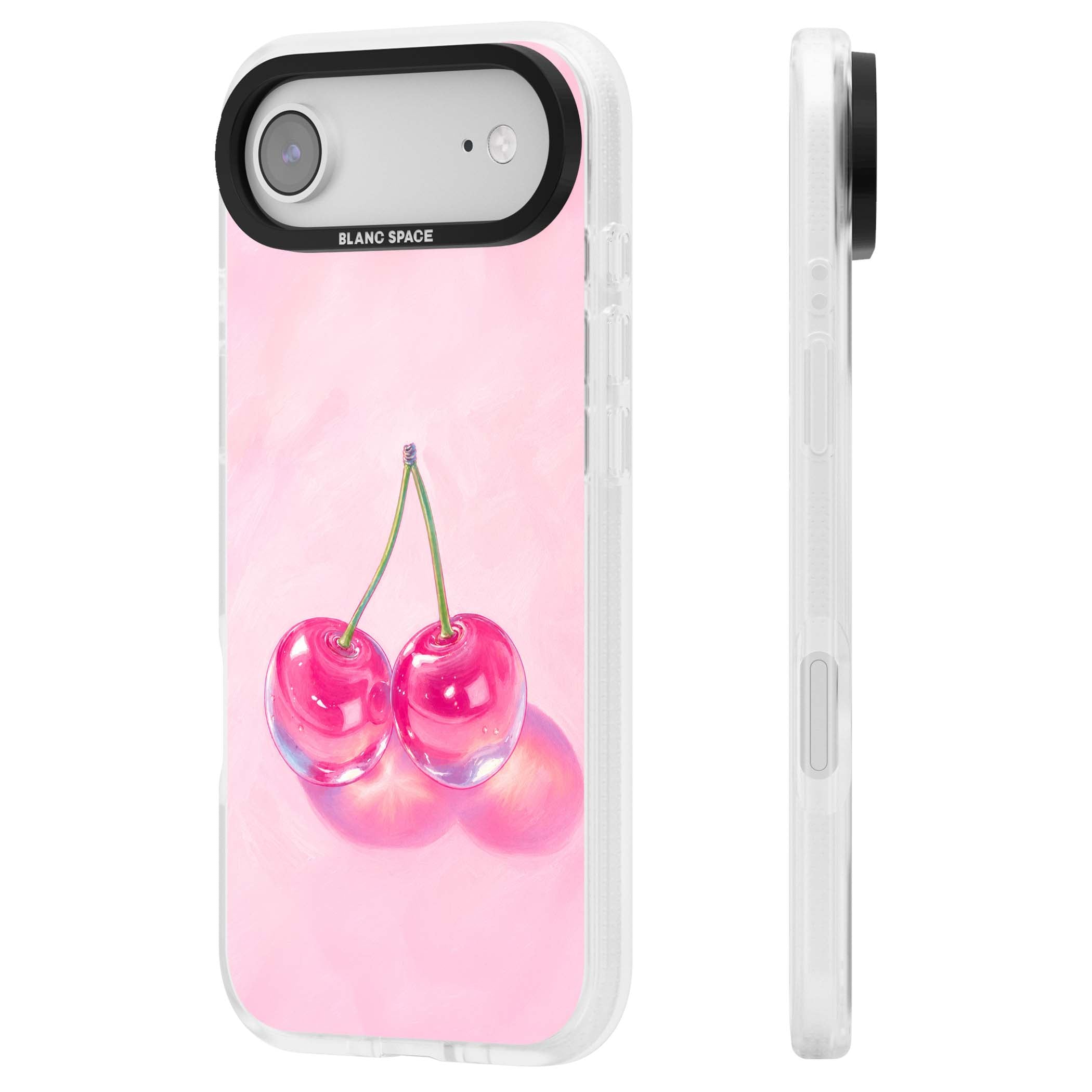 Pink Glass Cherry coquette iPhone case featuring two glossy painted cherries on a soft pink background | Clear Case Impact Air case for iPhone Air