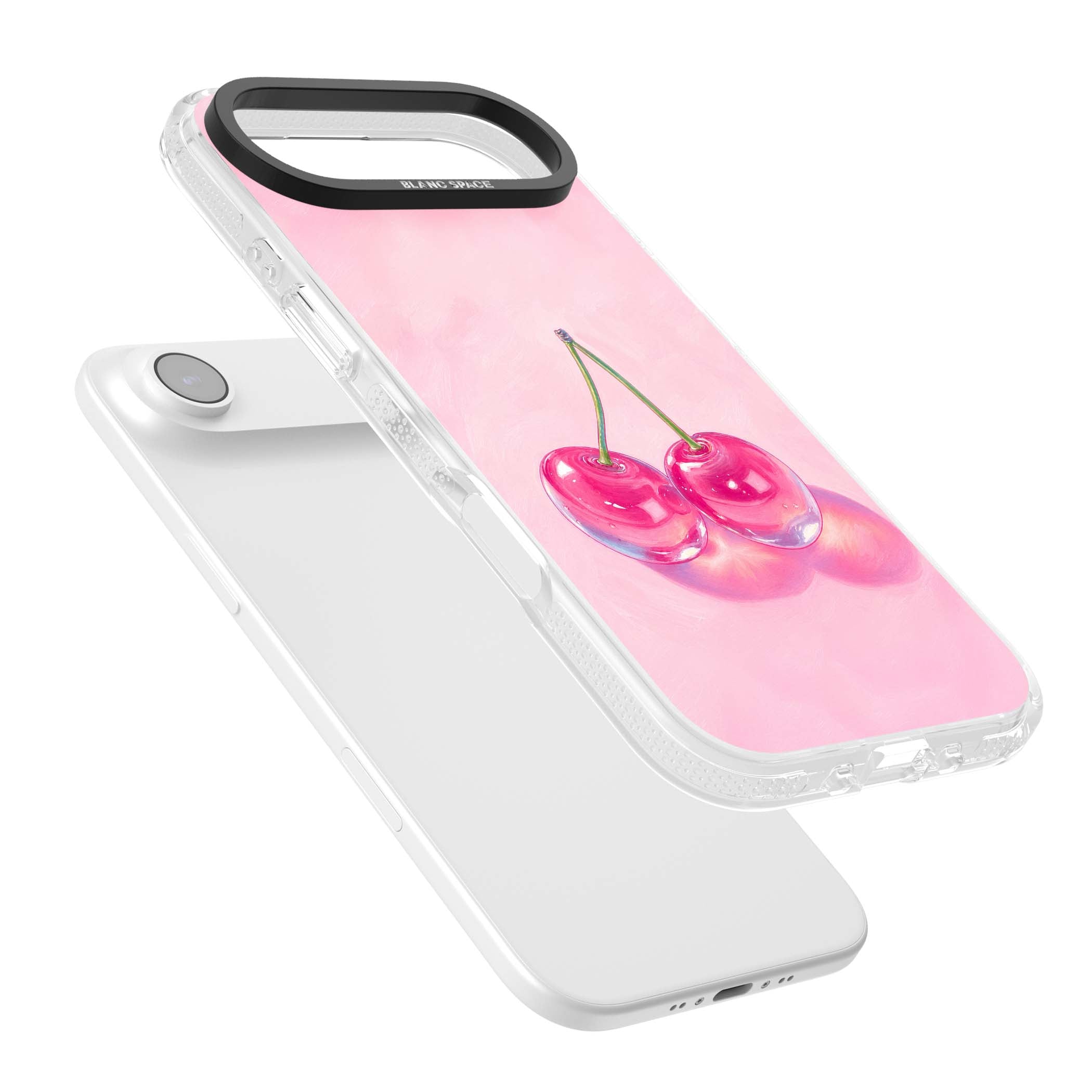 Pink Glass Cherry coquette iPhone case featuring two glossy painted cherries on a soft pink background | Clear Case Impact Air case for iPhone Air