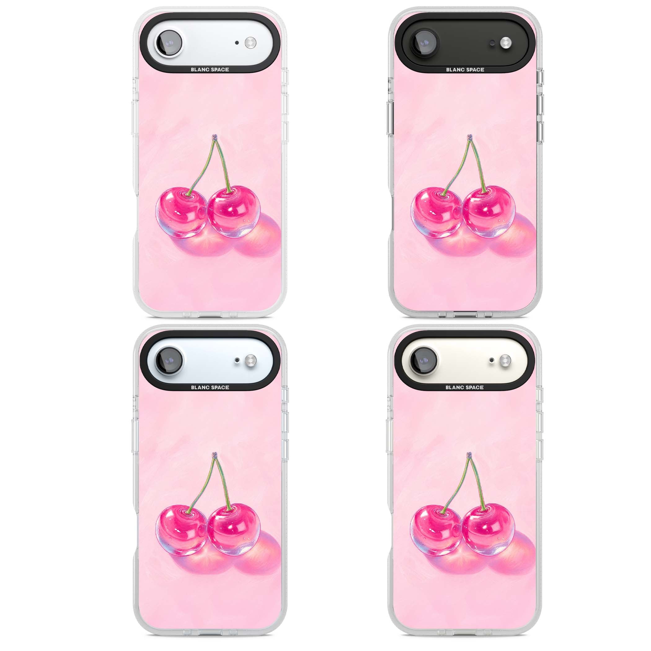 Pink Glass Cherry coquette iPhone case featuring two glossy painted cherries on a soft pink background | Clear Case Impact Air case for iPhone Air