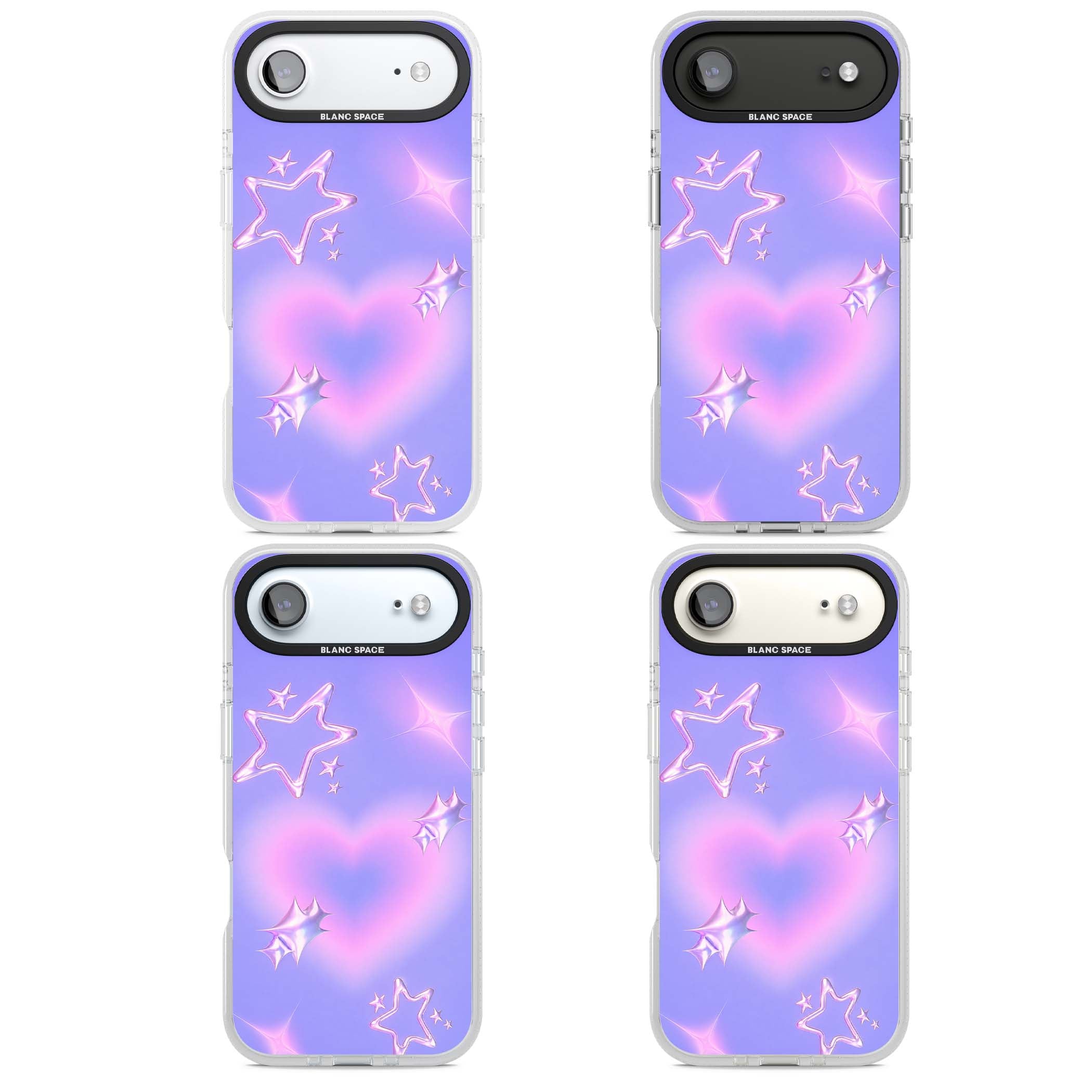 Soft Sugar Y2K iPhone case featuring iridescent chrome hearts, metallic pink stars and a lavender gradient sky | Clear Case Impact Air case for iPhone Air