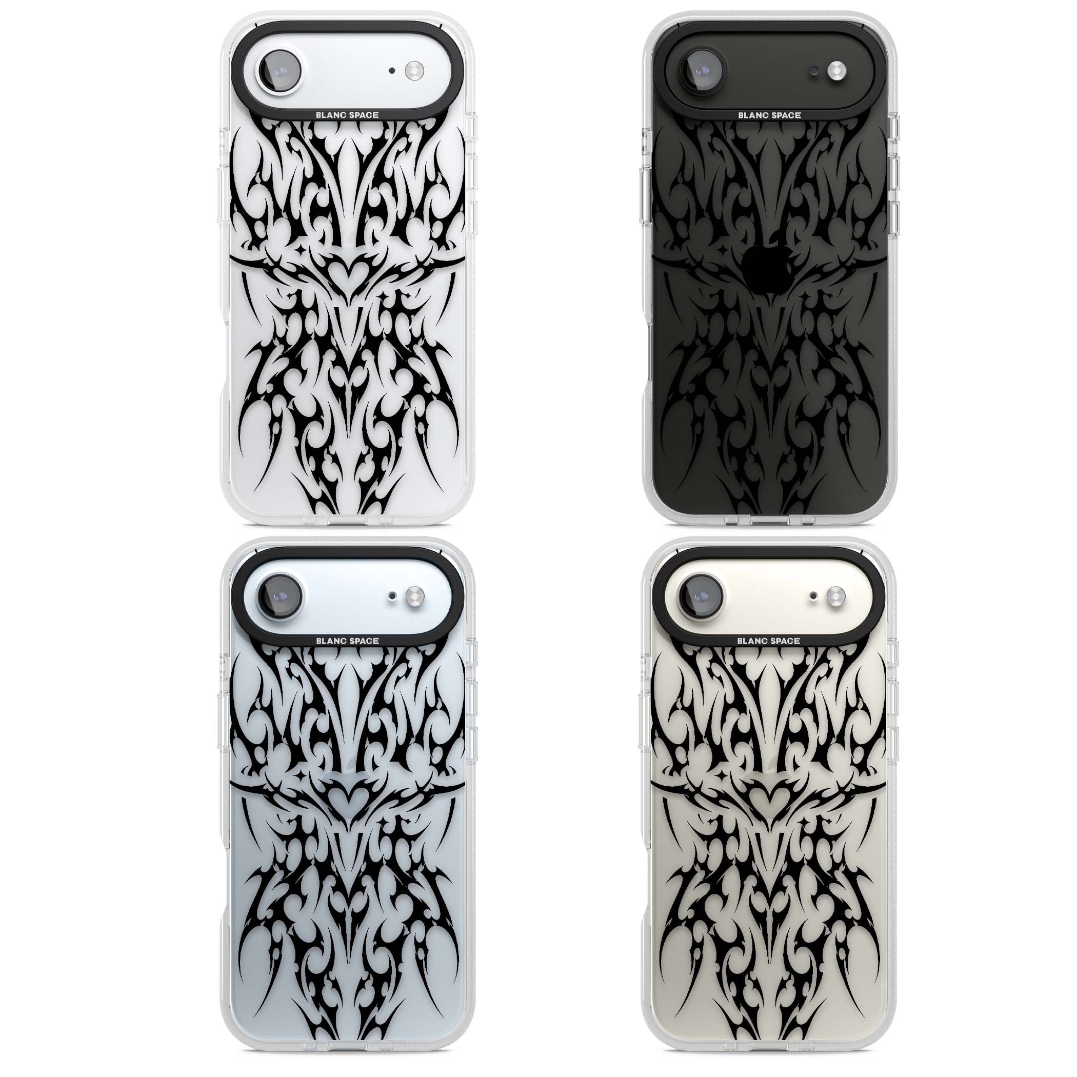Neo Tribal Heart gothic iPhone case featuring symmetrical black tribal tattoo art with sharp thorn-like linework | Clear Case Impact Air case for iPhone Air